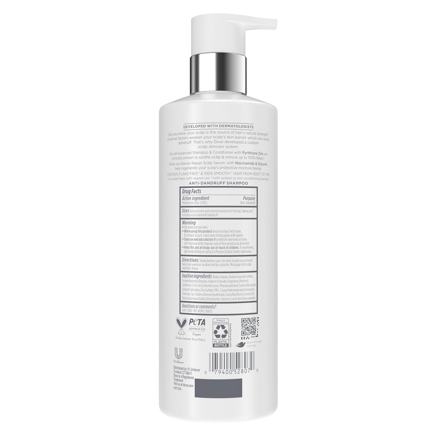 Dove Derma Scalp Dandruff & Itch Relief Shampoo 1 ct with Pyrithione Zinc, Niacinamide and Coconut Essence for Flaky, Itchy Scalp Relief 16 Fl oz