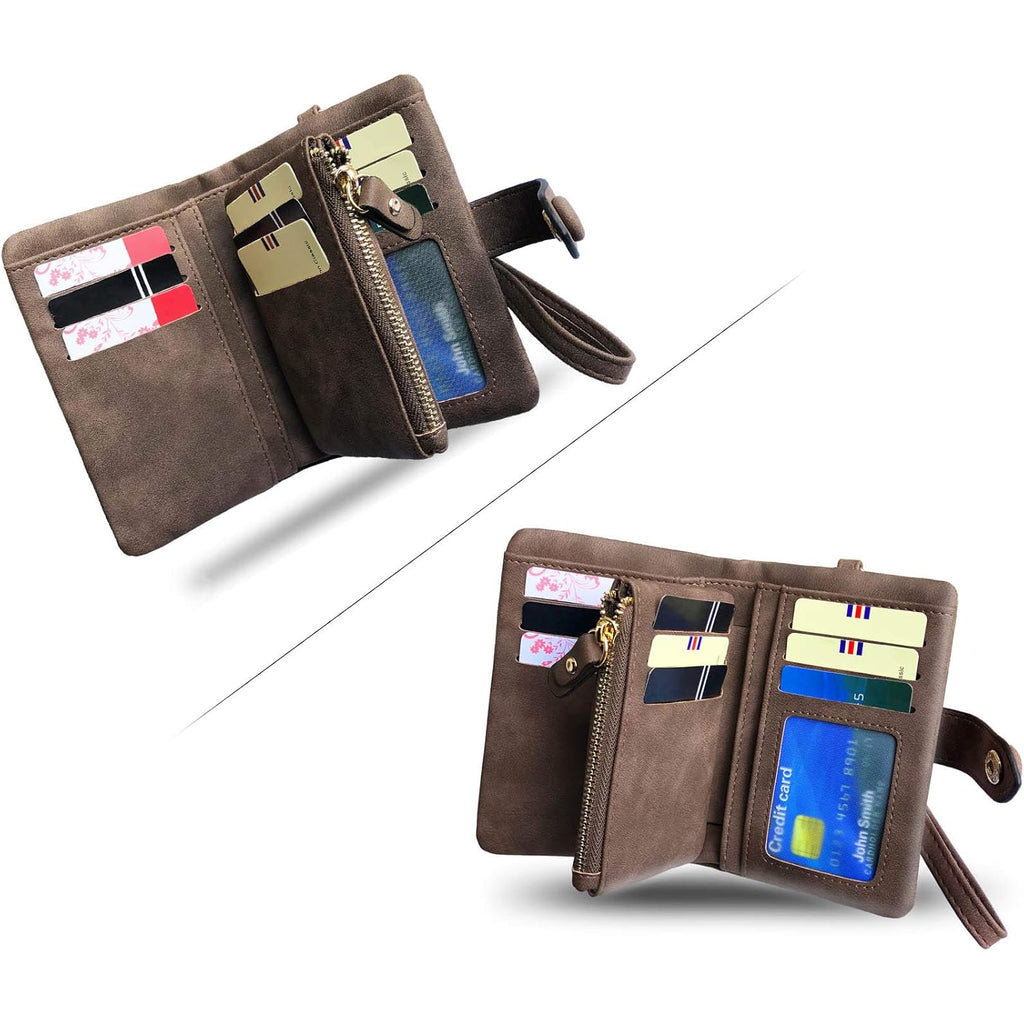 PofeeXIO Womens Small Bifold Leather Wallets RFID Ladies Wristlet with Card Slots id Window Zipper Coin Purse | Small, Bifold, RFID, Wristlet, with Card Slots, id Window