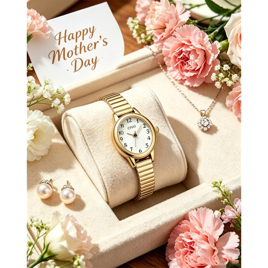 Civo Small Gold Watches For Women: Stretch Expansion Band Easy Read Watch | Dainty Oval Analog Ladies Watch For Small Wrists Under 5.9", Arabic Numerals, Daily Wear Gift For Mom Wife Daughter Birthday