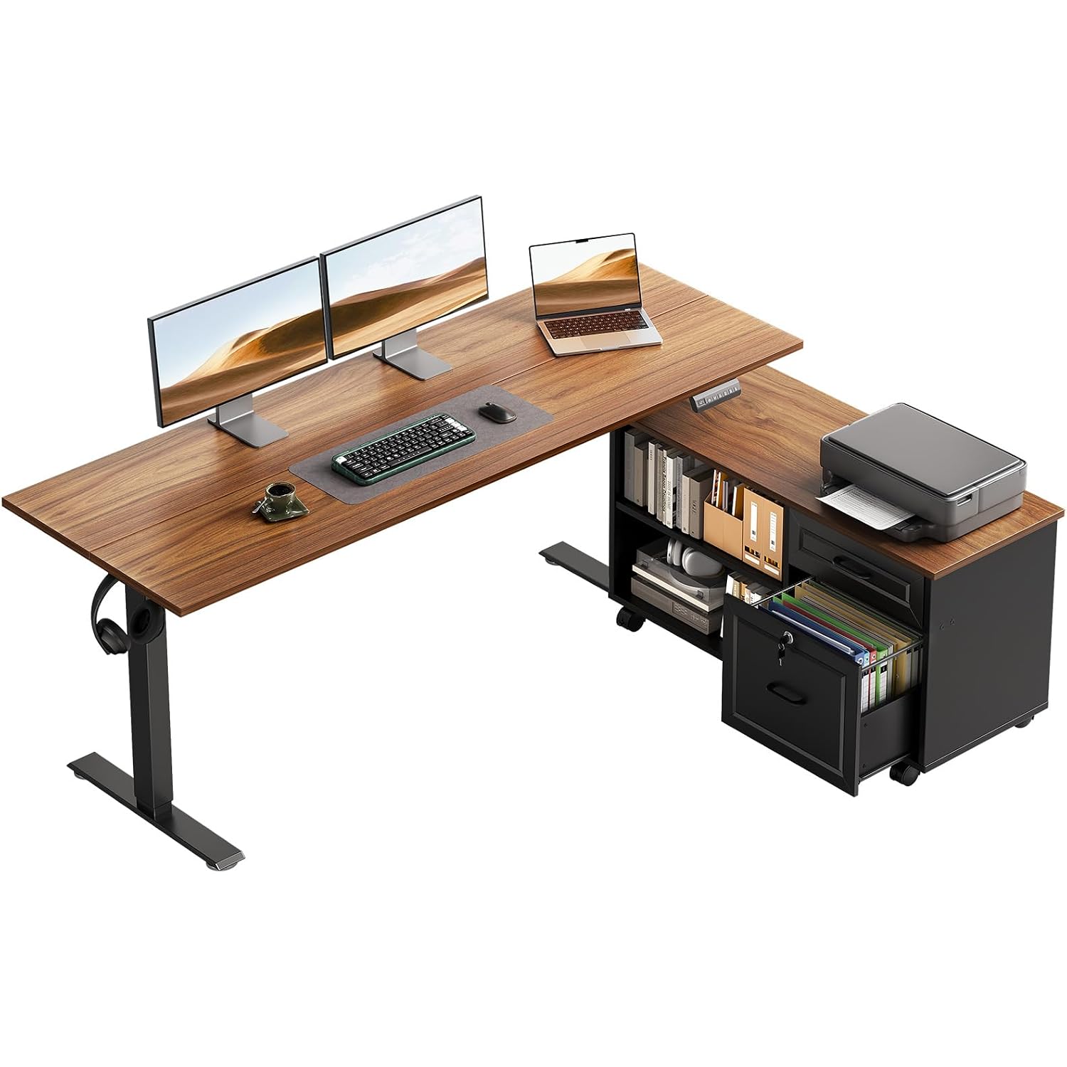 55 Inch L Shaped Electric Standing Desk With Drawers & File Cabinet Sets, Executive Sit Stand Desk, Height Adjustable Computer Desk For Home Office, Writing, Workstation, Walnut+Black