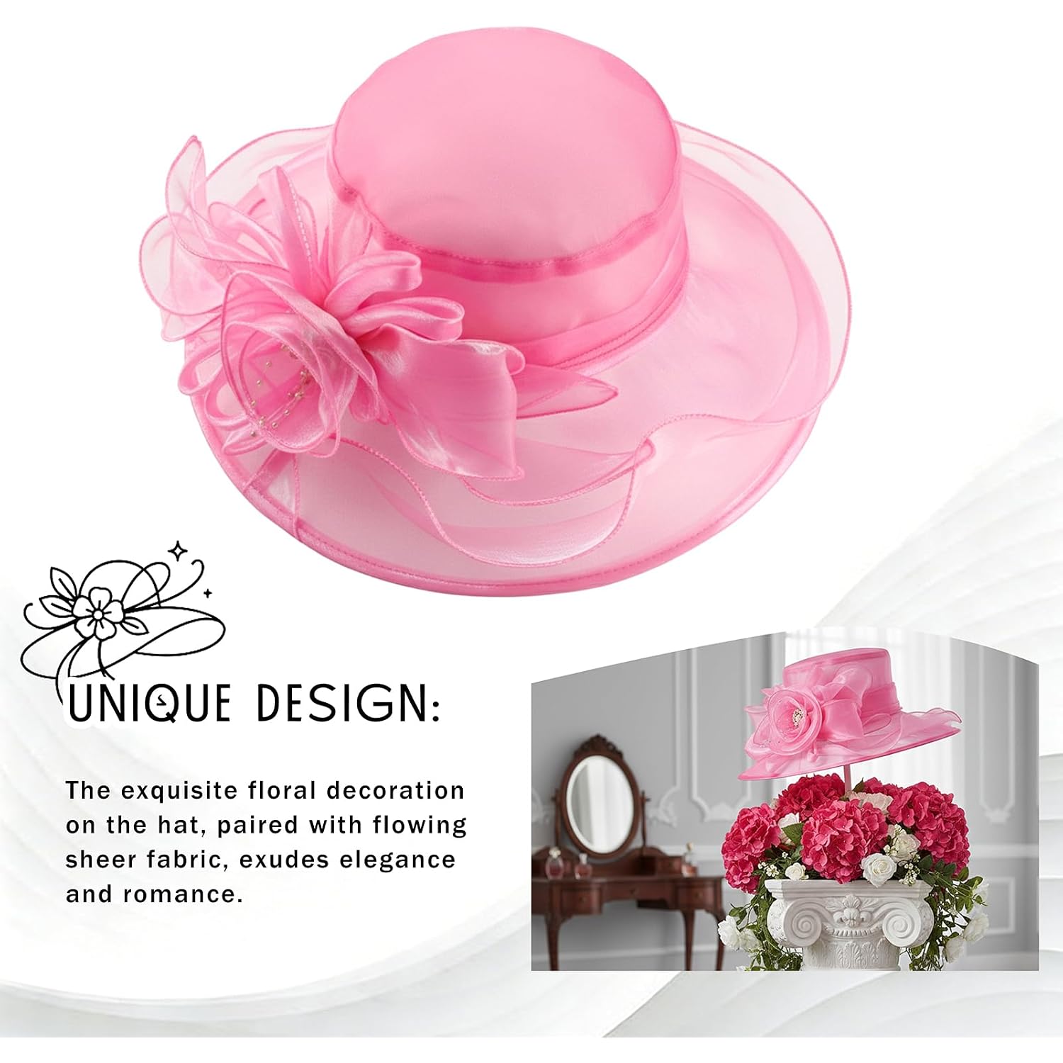DRESHOW Women Organza Hat Church Cap Hats Clearance Kentucky Derby Cocktail Tea Party Wedding Flower Hat with Wide Brim Flower Hat: Pink