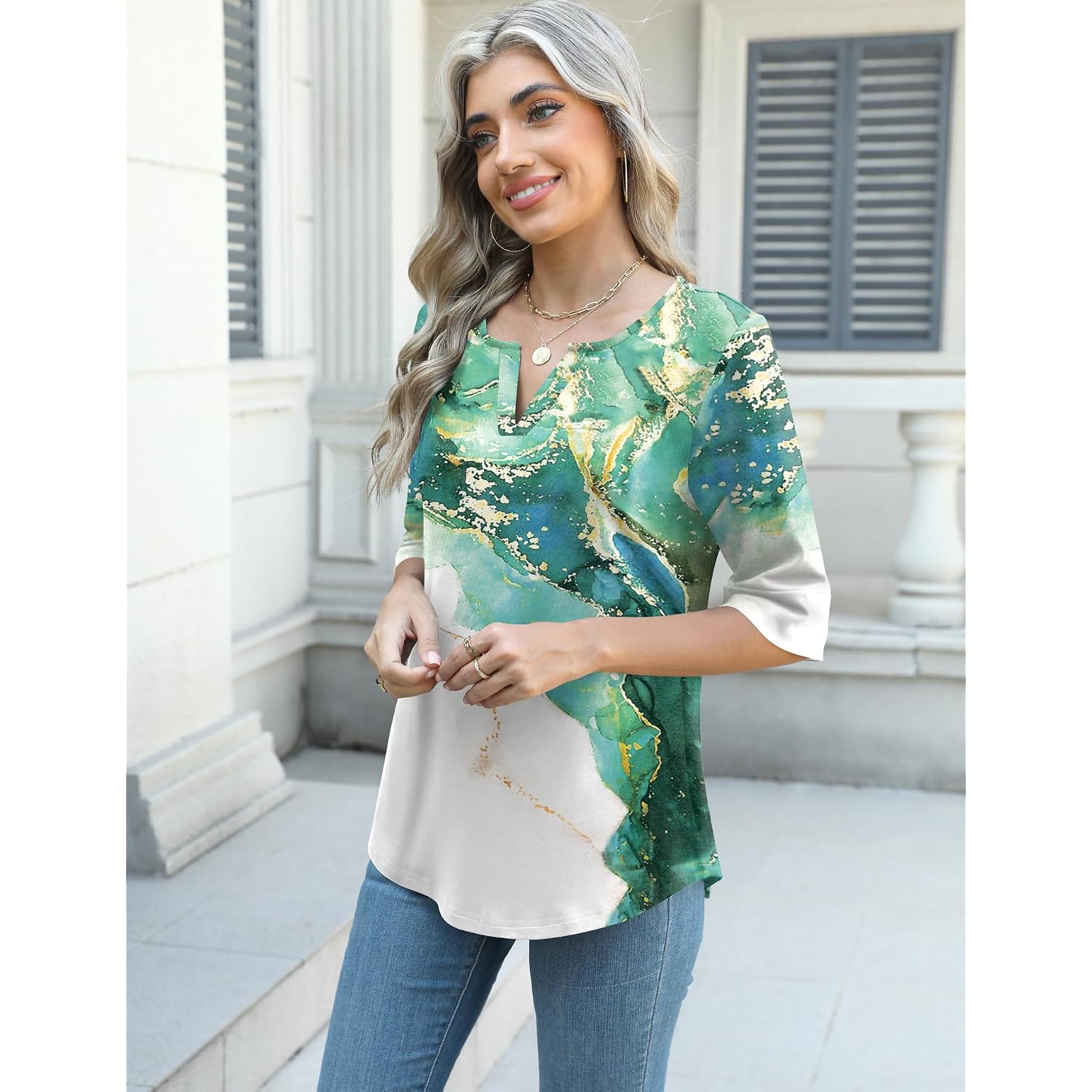 AKEWEI Women's V Neck 3/4 Sleeve T Shirts Summer Top Dressy Casual Basic Tees Shirt Tunic Blouses
