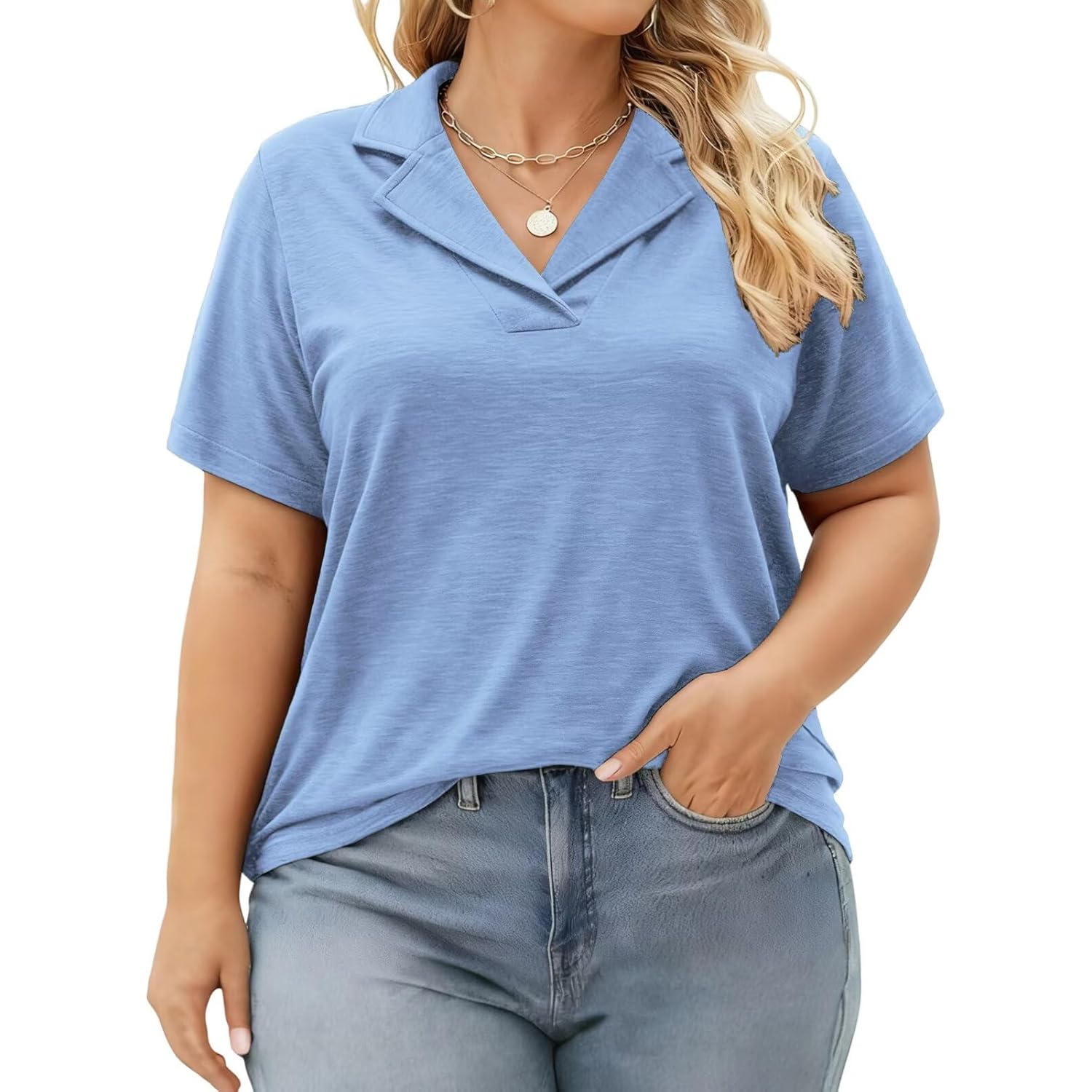 Plus Size Polo Shirts for Women V Neck Collared Shirt Casual Short Sleeve Tops Summer Loose Fit Dressy Tunic Blouses