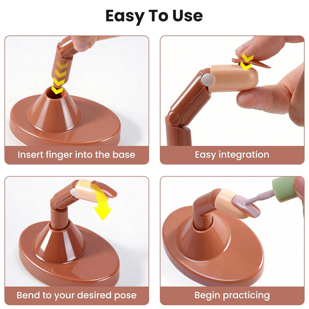 Practice Finger for Acrylic Nails, 3PCS Adjustable Nail Practice Hand Finger with Base Stand and 100PCS Brown Nail Tips, Practice Hand for Home Salon DIY Beginner(Brown)