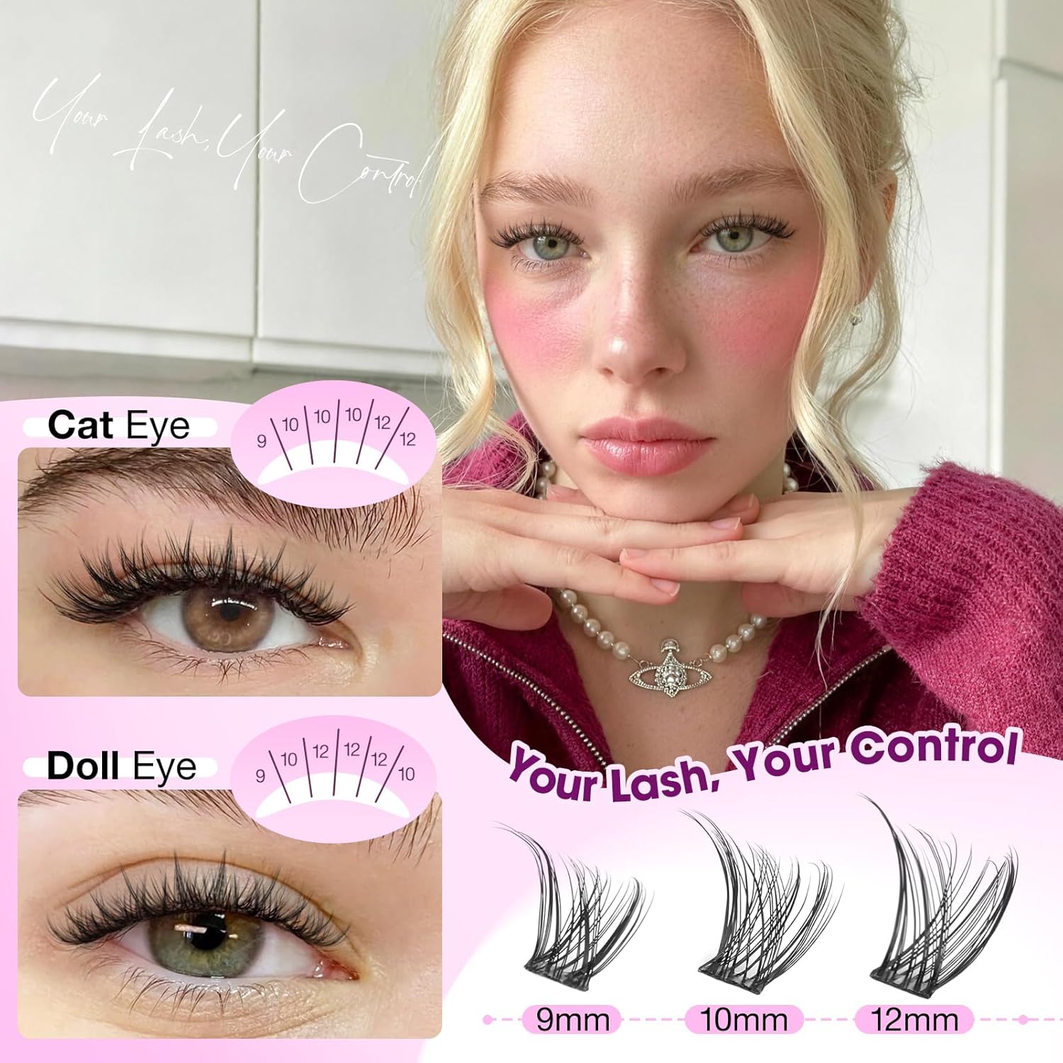 Yawamica Short Natural Lash Clusters 9-10-12mm, Soft Wispy Cluster Lash Extensions, CC Curl Eyelash Clusters with Super Thin Band, Beginner-Friendly DIY Lashes for Natural Cat Eye & Doll Eye Look