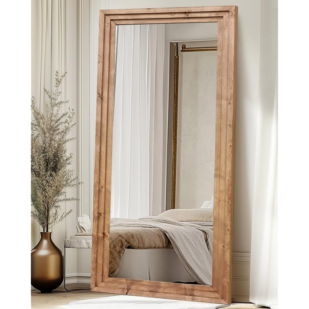 Full Length Mirror 76"X34" Solid Wood Frame Floor Large Mirror For Living Room, Bedroom Hanging Or Leaning Wall-Mounted, Light Brown