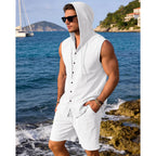 Mens Linen Sleeveless Hoodies Button Down Tank Shirt Summer Casual Beach Lightweight Hawaiian Fashion Tops