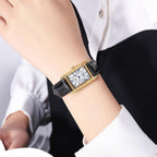 Fanmis Vintage Women'S Rectangle Wristwatch Classic Ladies Analog Quartz Watch Ultra-Thin Ladies Bangle Bracelet Watch Female Business Dress Watches With Leather Strap