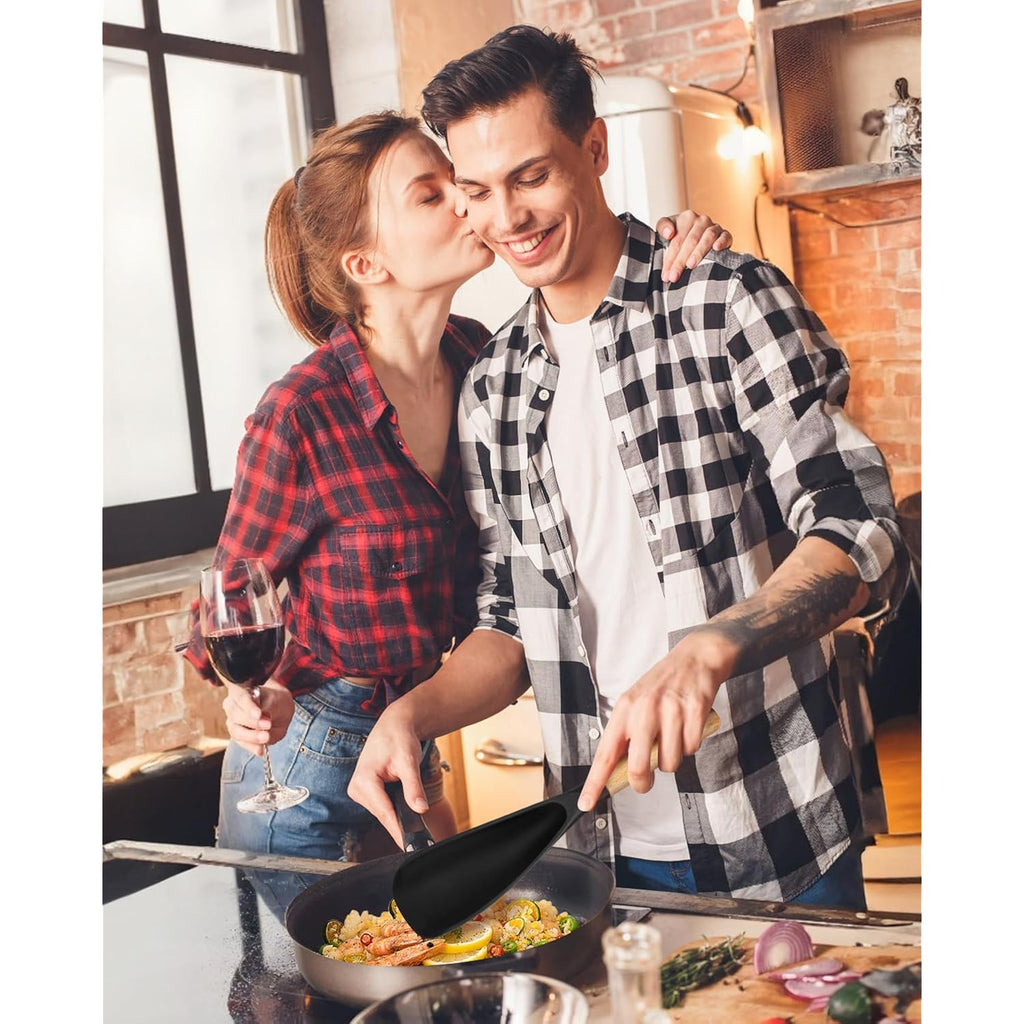 Cooking Spoon For Nonstick Cookwares, Great For Cooking And Serving Sturdy Bpa-Free Matte Silicone, Wood Handle Spoon For Mixing, Scoop, And Scrape (Black & Grey, 11.4 Inch)