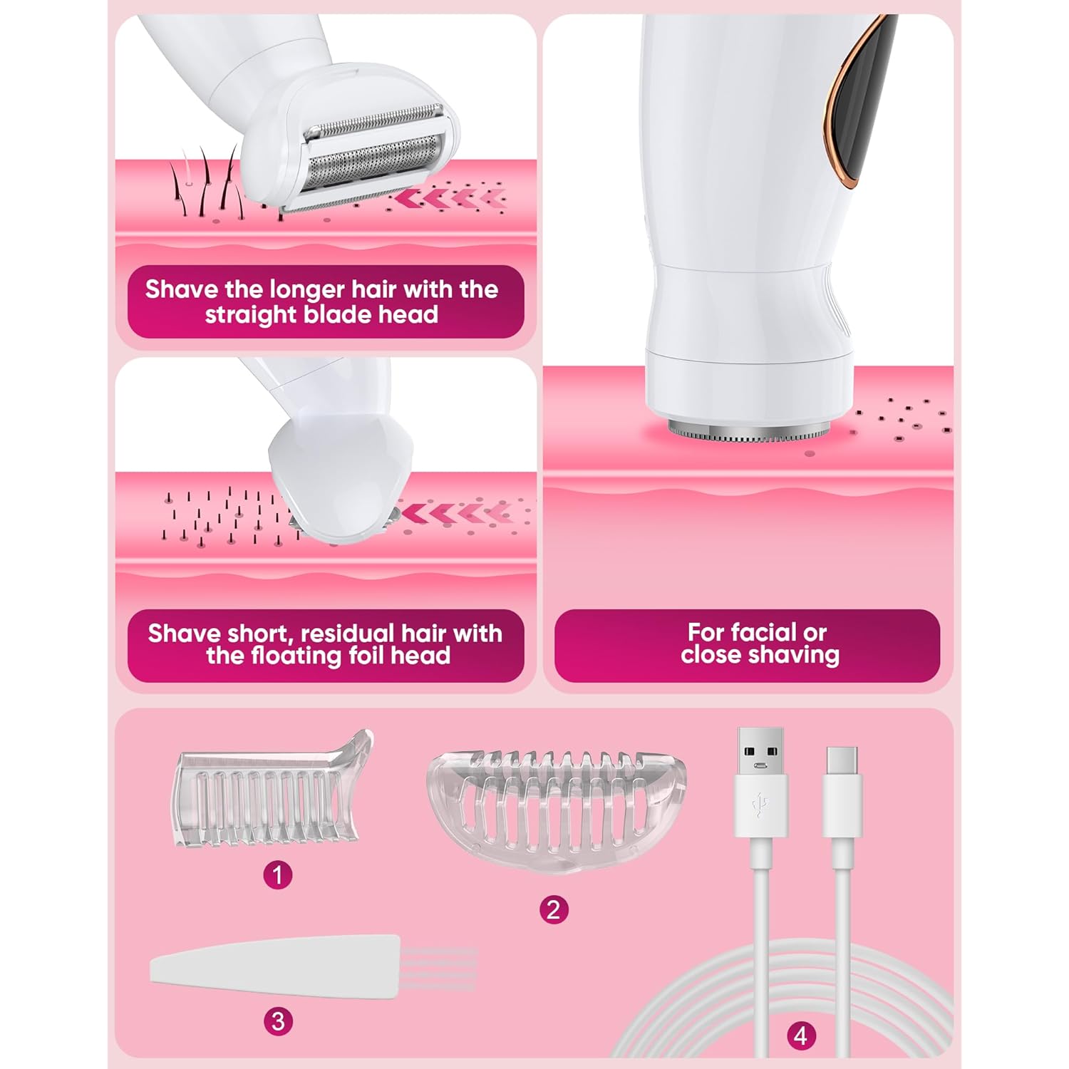 3 in 1 Bikini Trimmer for Women, Electric Razors for Women with Display, Painless Bikini Trimmer, USB Charging, Electric Shaver for Woman,Shaver for Woman for Face, IPX7 Waterproof,White