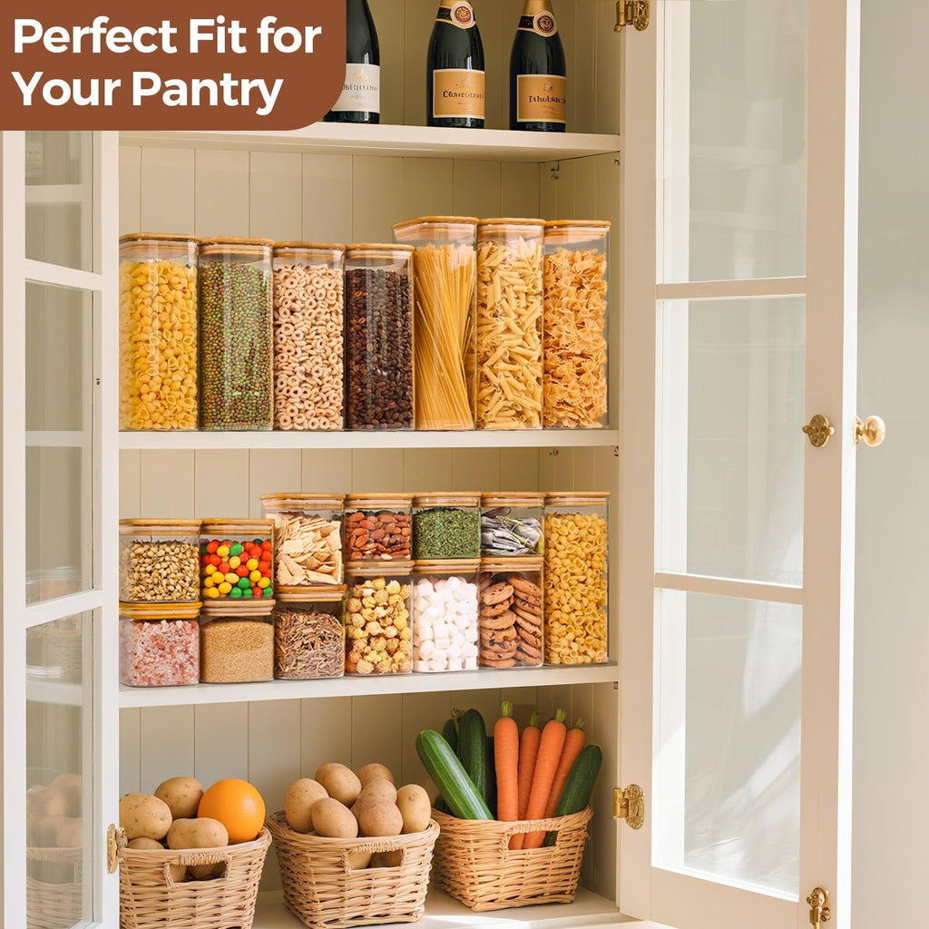 Comsaf Glass Pantry Storage Containers (0.7Qt/1.2Qt/1.6Qt) Set Of 6, Glass Storage Containers With Lids, Kitchen Food Storage Jar, Square Glass Jars For Flour Cereal Sugar Tea Coffee Beans Snacks