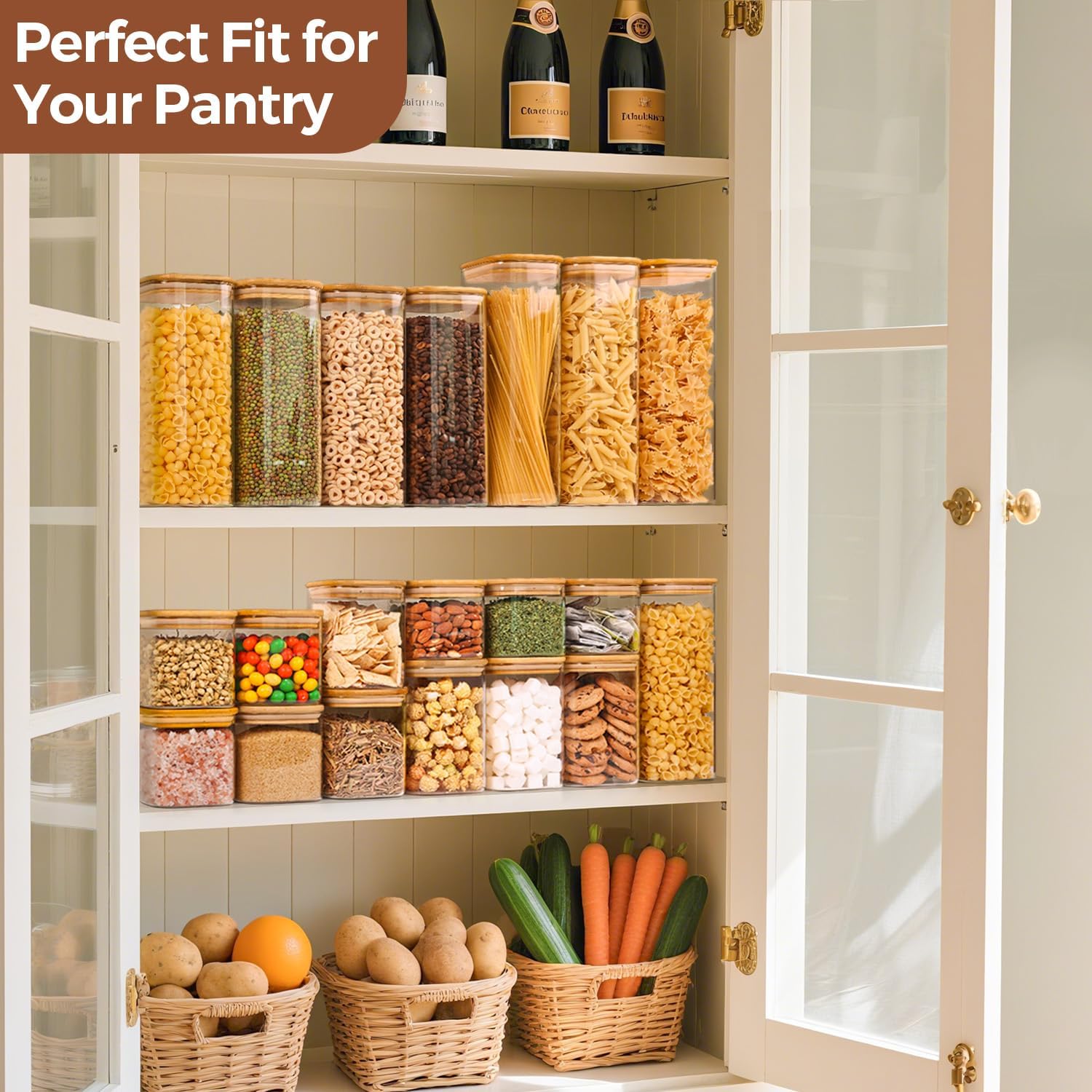 Comsaf Glass Pantry Storage Containers (0.7Qt/1.2Qt/1.6Qt) Set Of 6, Glass Storage Containers With Lids, Kitchen Food Storage Jar, Square Glass Jars For Flour Cereal Sugar Tea Coffee Beans Snacks