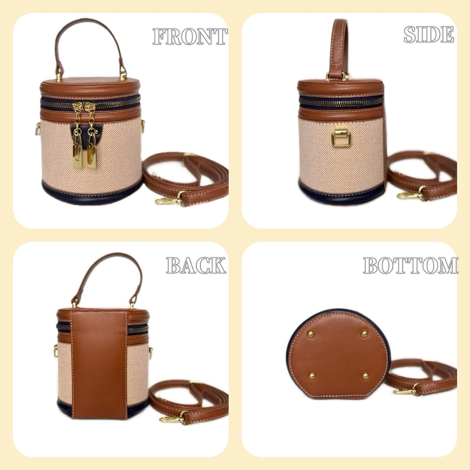 Retro Bucket Bag Color Contrast Cylinder Purse | Senior Sense Style, Single Shoulder Crossbody, Zipper Closure, 4.7X6