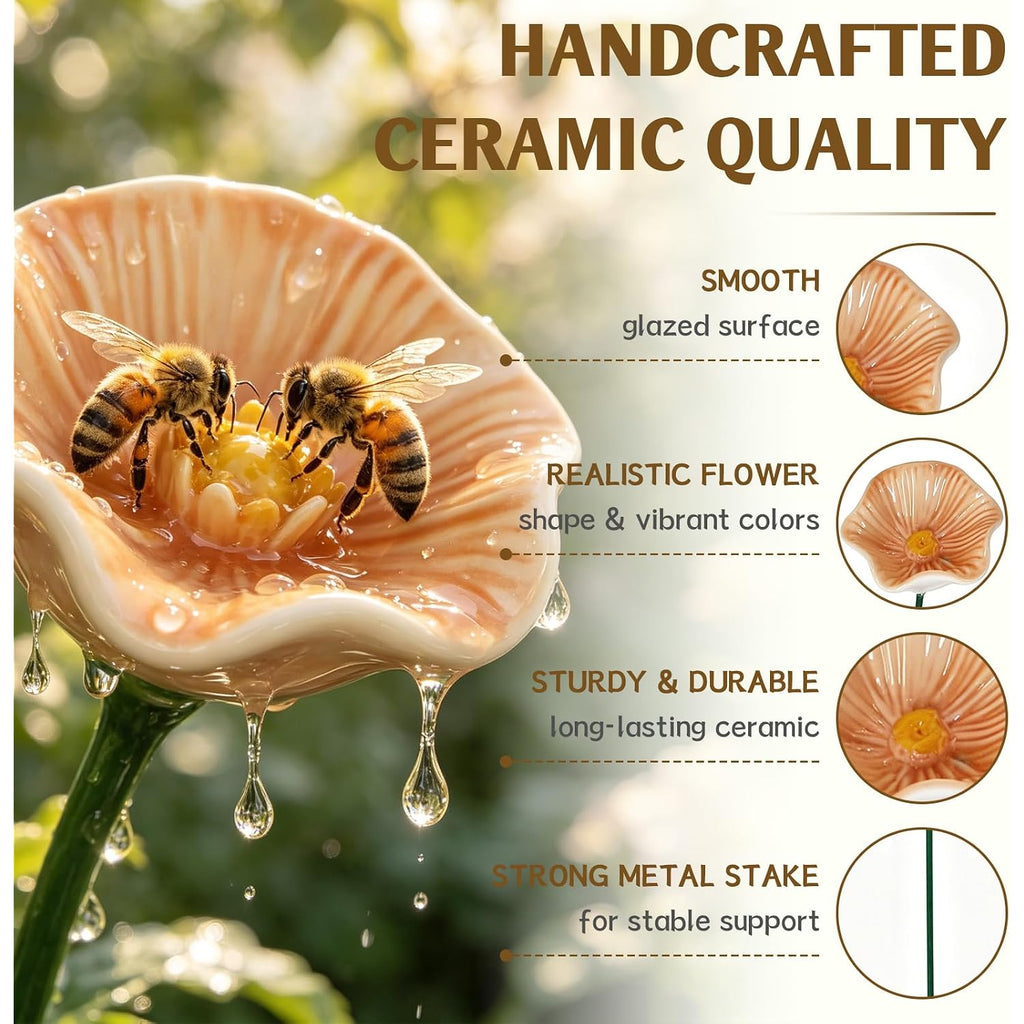 Handmade Ceramic Bee Watering Station, Mini Flower Pollinator Water Feeder, Weatherproof Butterfly Bird Bath Stake Decor For Patio Lawn Balcony Potted Plant Outdoor Garden-6Pcs-G