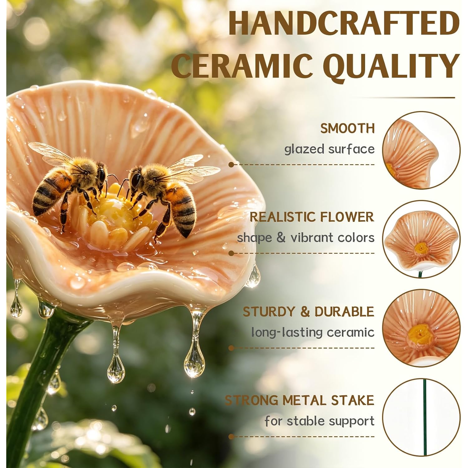 Handmade Ceramic Bee Watering Station, Mini Flower Pollinator Water Feeder, Weatherproof Butterfly Bird Bath Stake Decor For Patio Lawn Balcony Potted Plant Outdoor Garden-6Pcs-G