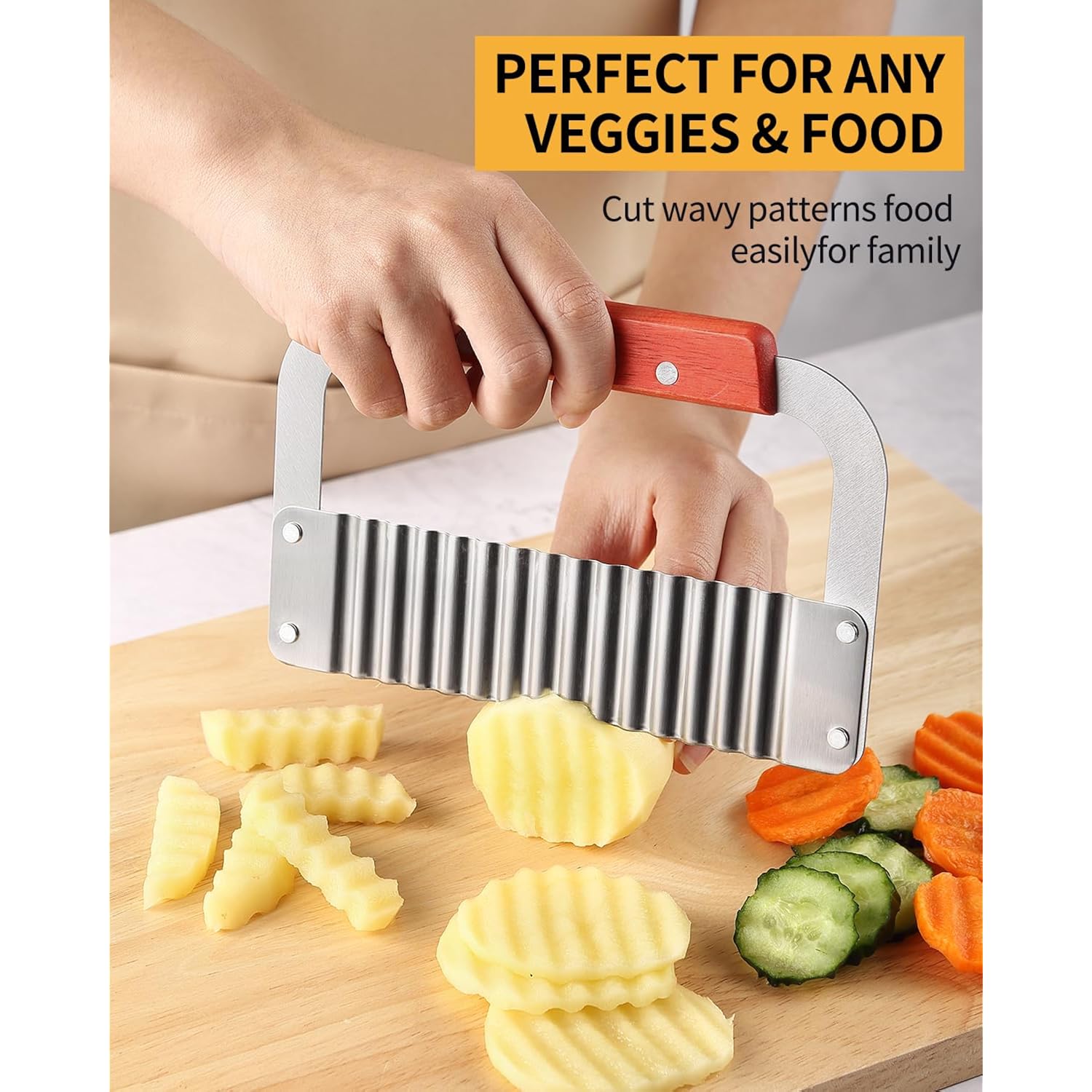 Crinkle Cutter Stainless Steel Potato Slicer Heavy Duty Wavy Crinkle Cutting Chopping Tools With Wooden Handle For Carrot Veggies
