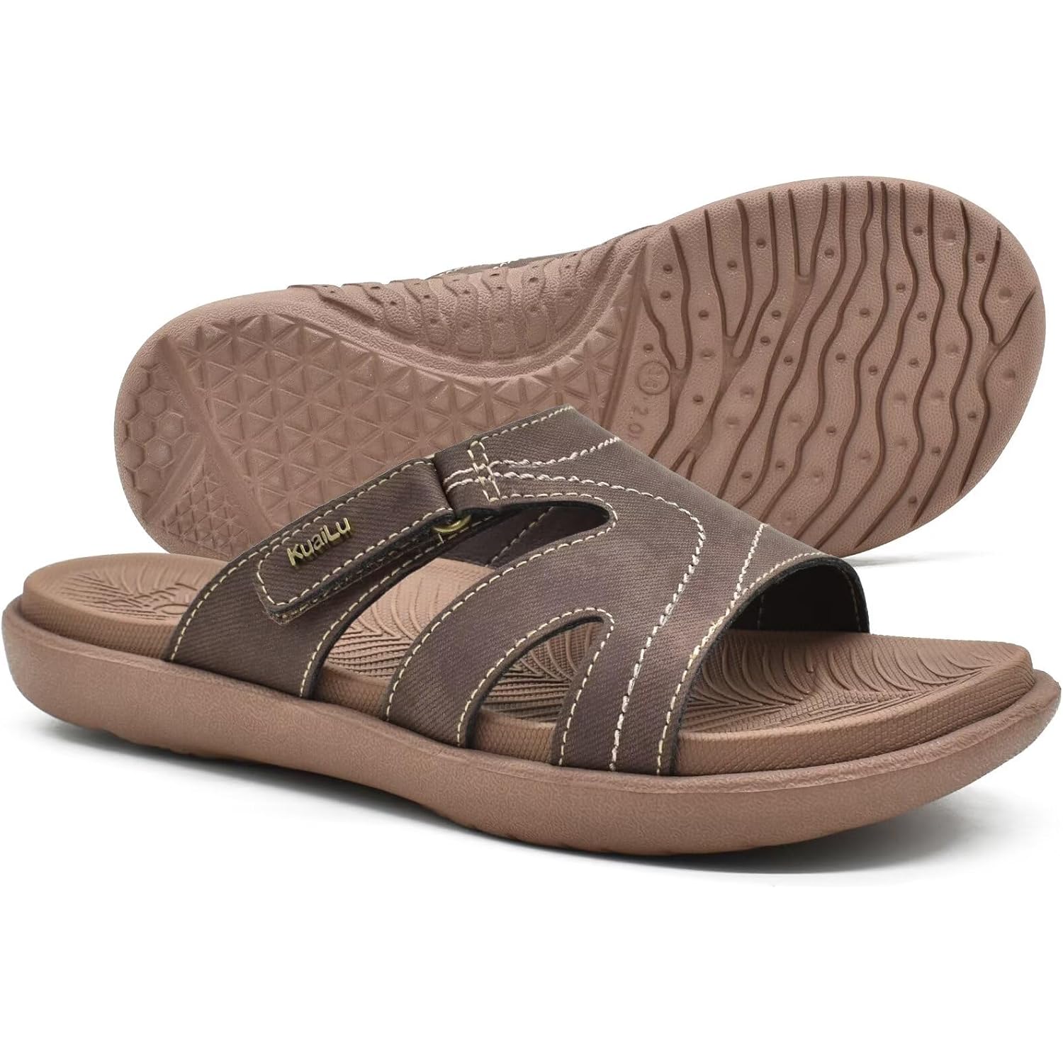 Kuailu Womens Fashion Orthotic Slides Ladies Athletic Yoga Mat Memory Foam Walking Sandals Thick Cushion Recovery Summer Beach Slippers Comfortable Plantar Fasciitis Arch Support