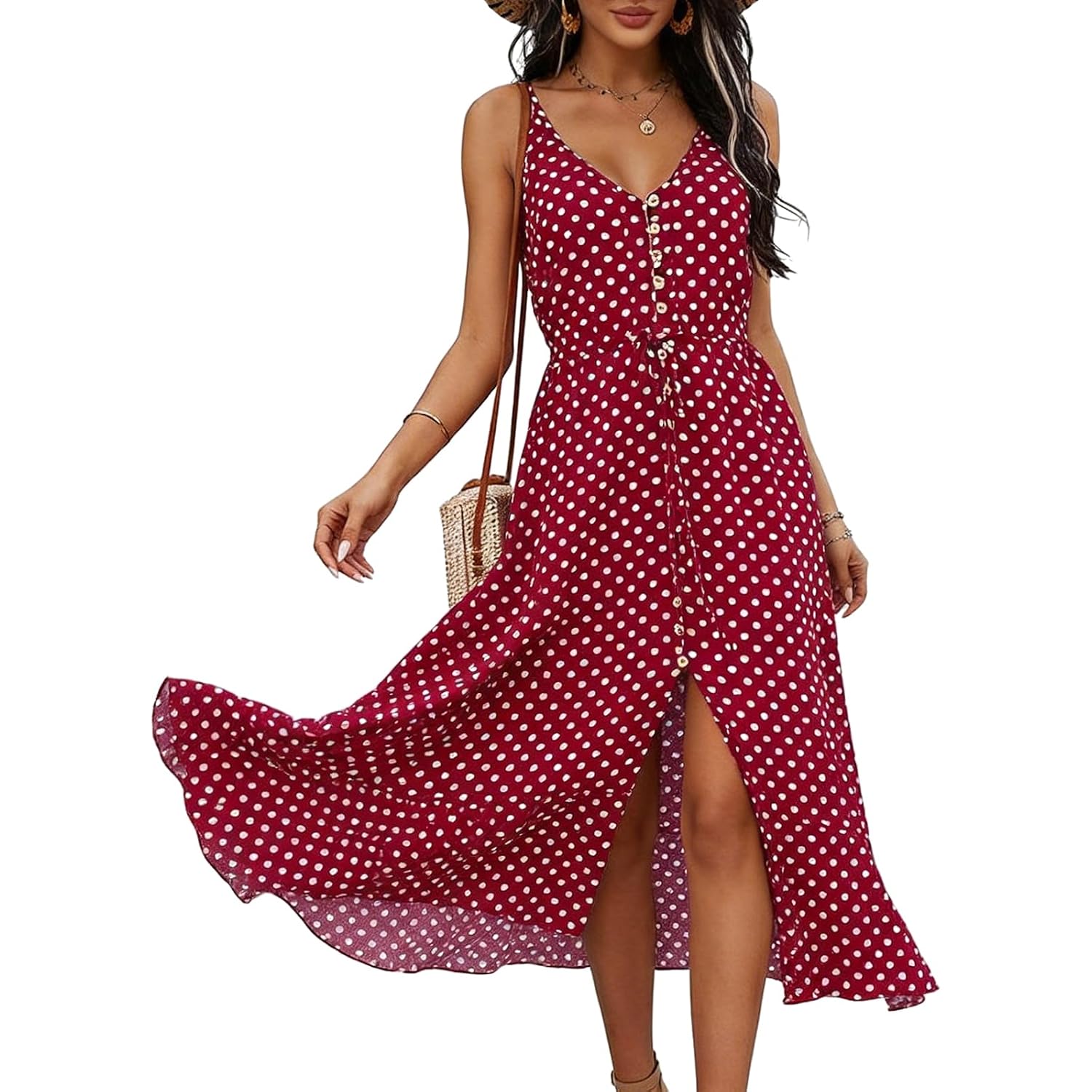 Brovave Women'S 2026 Summer Casual Boho Sundress Polka Dot Spaghetti Strap V Neck Flowy Midi Dresses
