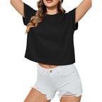 Crop Tops For Women Summer Short Sleeve Loose Fit T Shirts Casual Round Neck Rolled Basic Tees