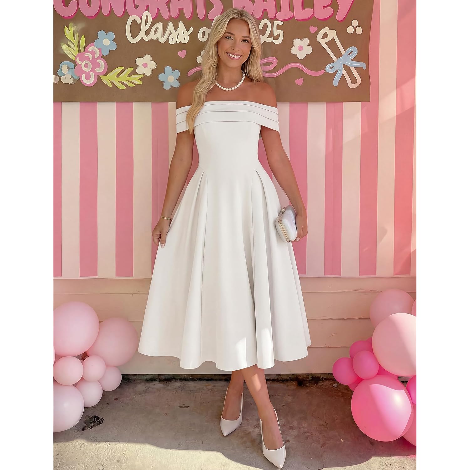 Zesica Summer 2026 Cocktail Dresses For Women'S Off Shoulder Short Sleeve Swing A Line Wedding Evening Party Midi Dress