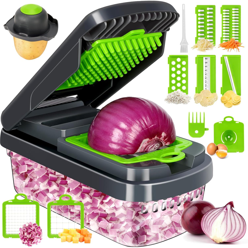 Yusshn Vegetable Chopper, 12-In-1 Food Veggie Chopper Cutter With Container | 7 Sharp Blades Dice, Slice, Shred And Grate For Salads, Onions And Meal Prep, With A Non-Slip Base And Drain Basket