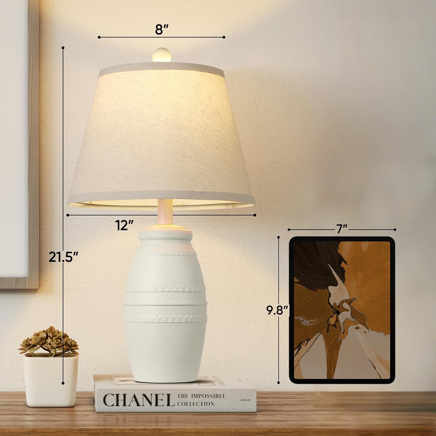 Qimh 21.5" Lamps Set Of 2, Farmhouse Lamp For Living Room, Off-White | Modern Resin Table Lamps For Bedroom, Linen Shade, Vintage Rustic Style, Home Decor