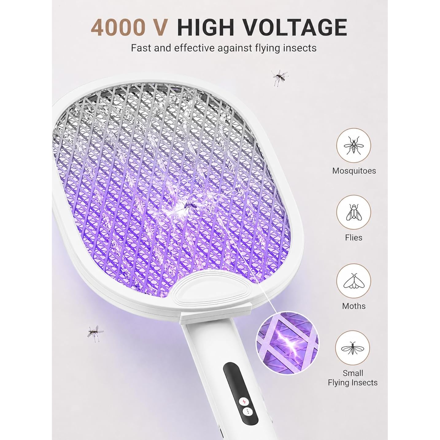 Electric Fly Swatter 4000V Bug Zapper Racket With 1800Mah Rechargeable Battery 5-Layer Safety Mesh Dual Modes 180° Foldable Ideal For Indoor Or Outdoor Use (White)