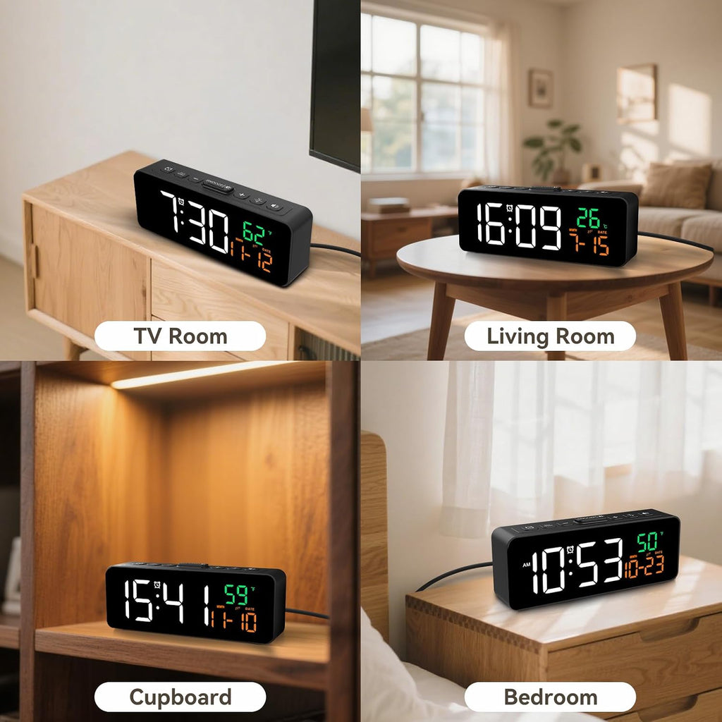 3-In-1 Digital Clocks For Living Room With Temperature, Date & Time Display - 4 Levels Birghtness, 3 Volumes, Small & Compact Plug-In Alarm Clock For Bedroom, Office (Black)