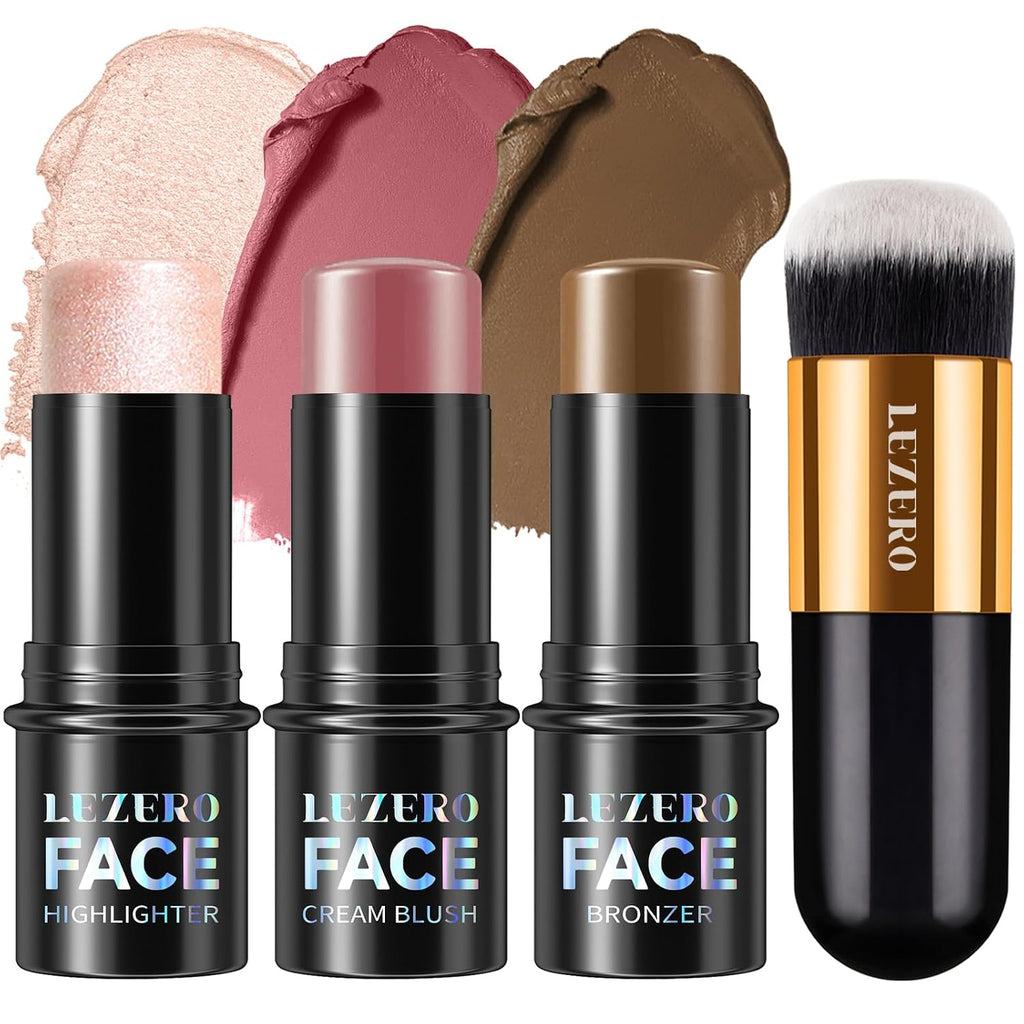 Lezero 3Pcs Contour Stick Makeup Kit, Shades With Highlighter, Blush And Bronzer Stick For Sculpt The Face And All Skin Type, Long Lasting, Smooth, Dewy & Matte Finish, Light Medium