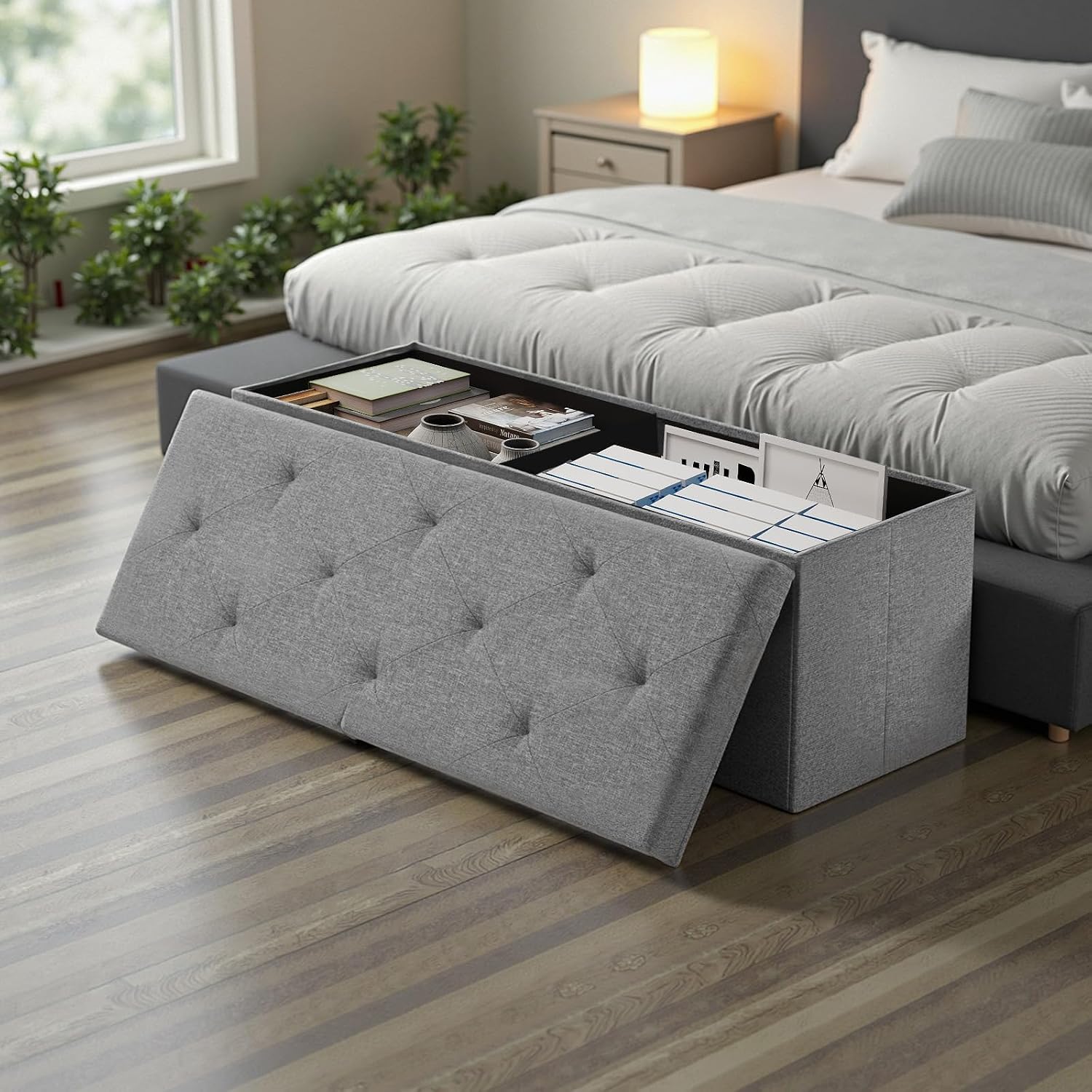 Dumos 43 Inch Folding Storage Ottoman Bench, Large Hidden Storage Chest With Thicker Foam Padded Seat, End Of Bed Foot Rest Stool For Bedroom Living Room Entryway, Load 660 Lbs, Grey