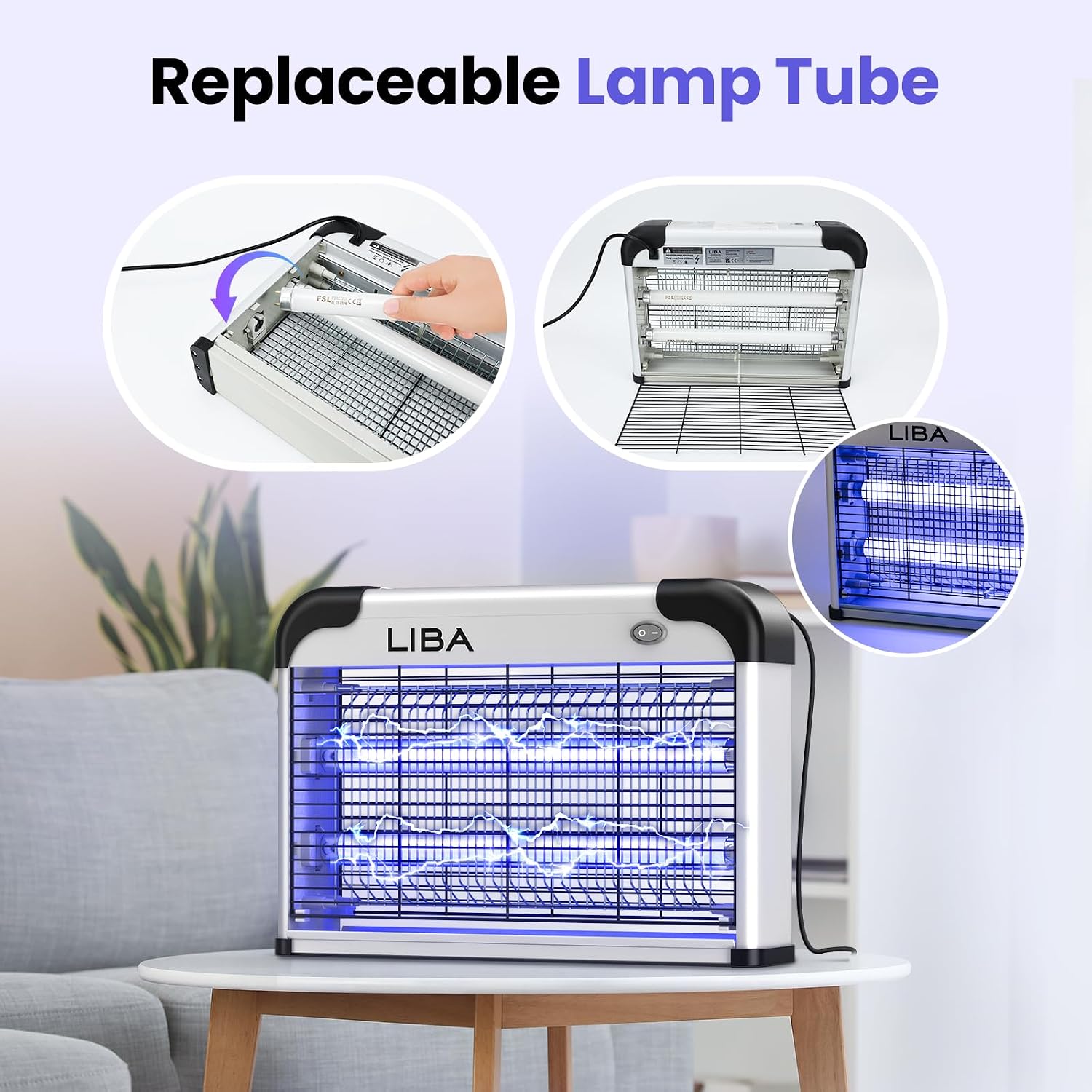 Liba Bug Zapper 2800V Indoor, With 2 Extra Replacement Bulbs | 2800V Grid Kills Flies And Mosquitoes, Removable Washable Tray, Indoor Insect Killer, Easy-To-Clean