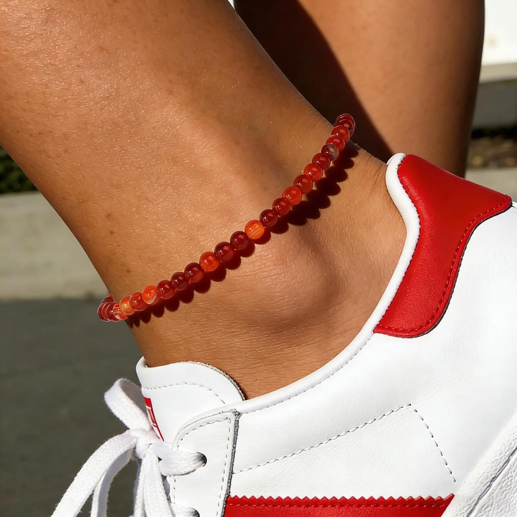 Natural Stone Beaded Anklets for Women, Handmade Boho Clear Quartz 4mm Crystal Beads Anklet, Gold Chain Adjustable Ankles Bracelet, Beach Summer Jewelry Gemstone Foot Bracelet Gift