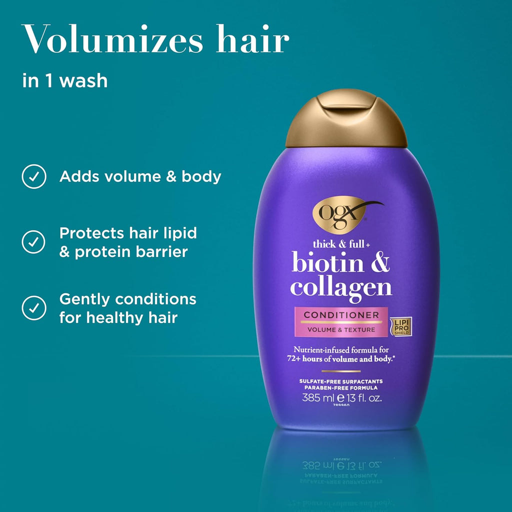 Ogx Thick & Full + Biotin & Collagen Volumizing Conditioner, Nutrient-Infused Conditioner With Vitamin B7 Biotin Gives Hair Volume & Body For 72+ Hours, Sulfate-Free Surfactants, 13 Fl. Oz