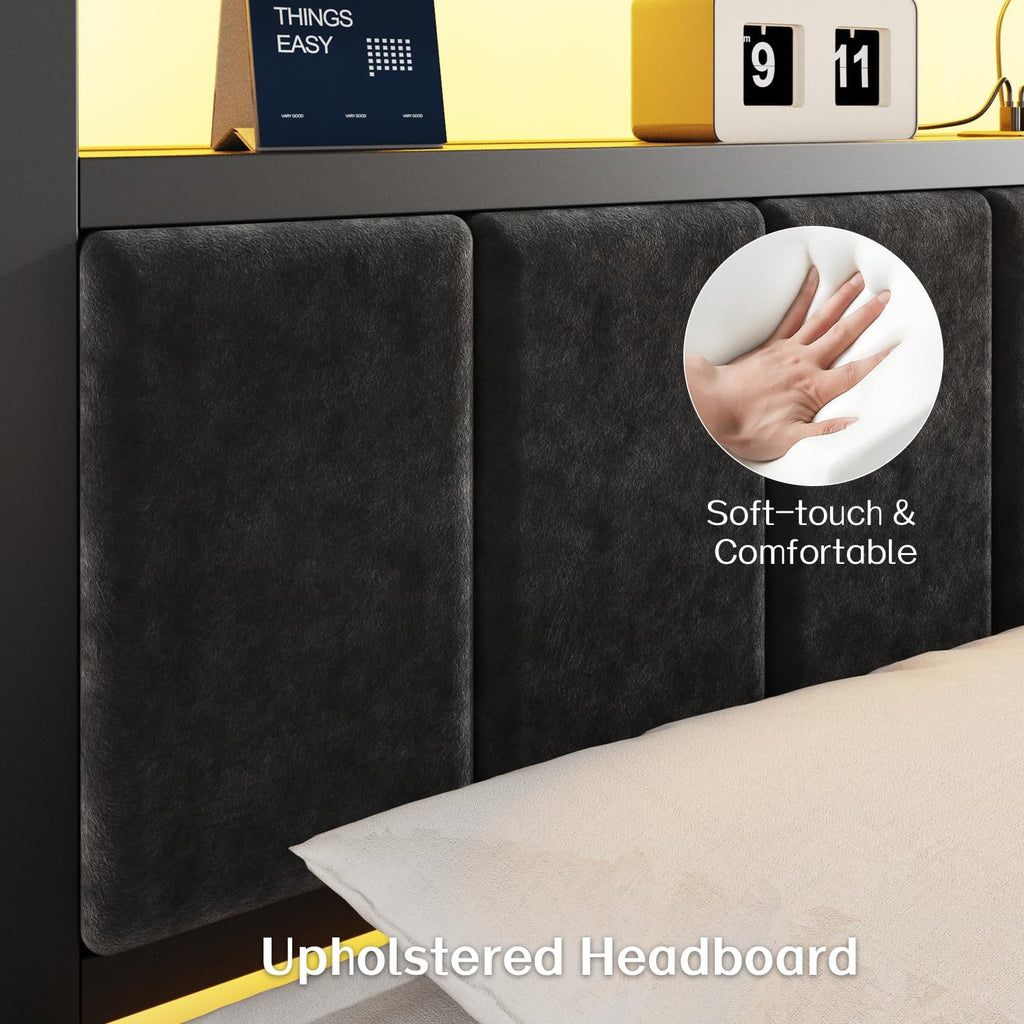 Olevs King Bed Frame With Charging Station & Led Lights, Modern Platform Bed With Upholstered Storage Headboard, No Box Spring Needed Noise Free