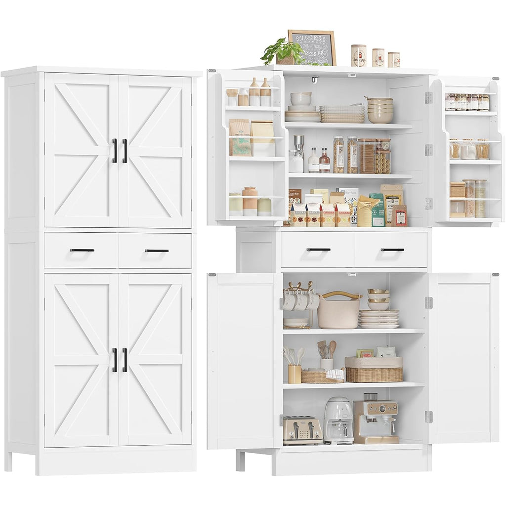 Farmhouse Pantry Cabinet, 66.9″H Tall Kitchen Storage Cabinet With Barn Doors, Adjustable Shelves & Drawer, Freestanding Cupboard For Kitchen, Dining Room, Living Room, Bathroom, White