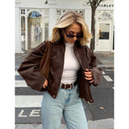 Womens Faux Suede Bomber Jacket Oversized Batwing Long Sleeve Zip Up Cropped Coat Streetwear
