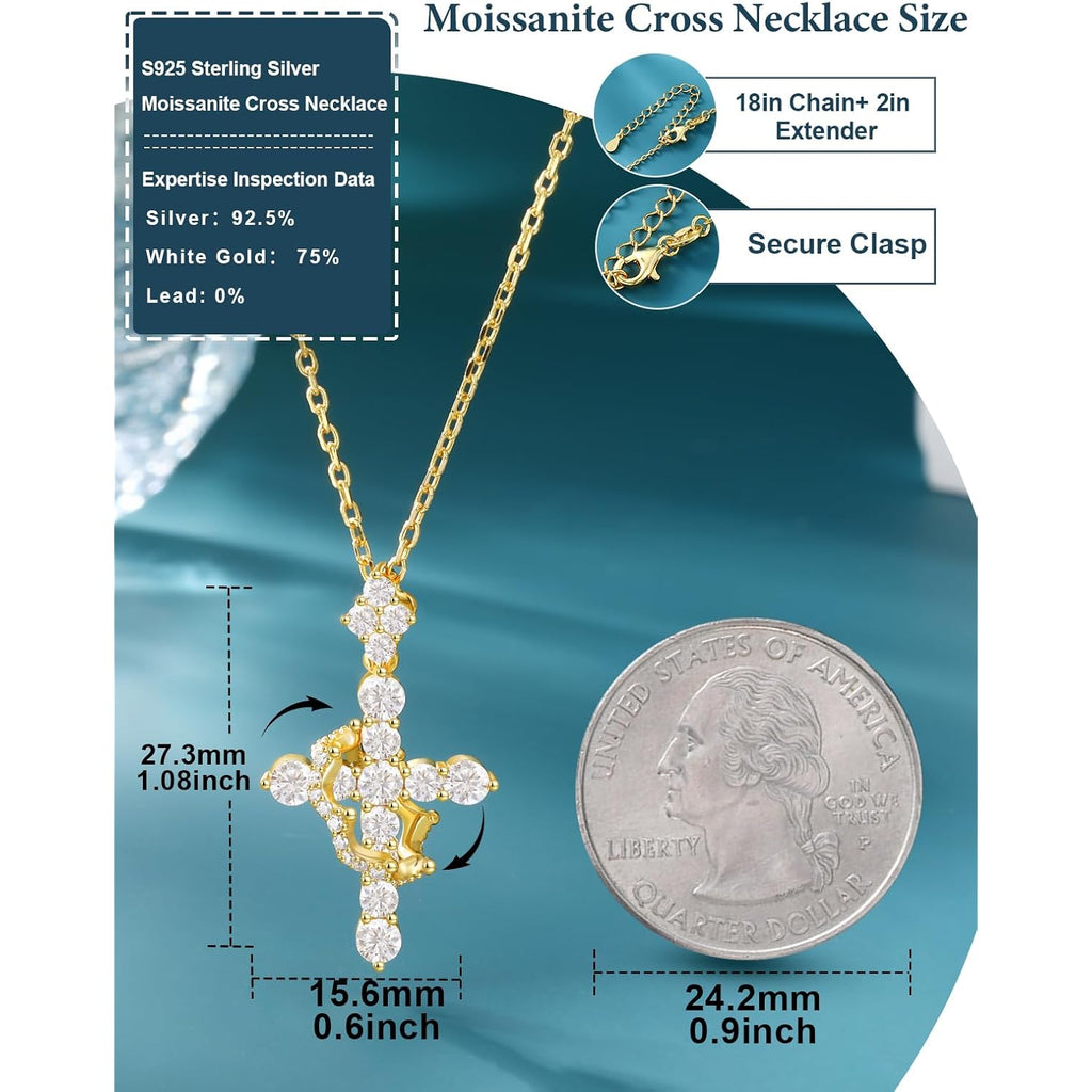YIMERAIRE Upgraded Moissanite Crown Cross Necklace 14K Gold Vermeil 1.1 Carats Dainty Iced Out Easter Basket Stuffer Cross Jewelry S925 Sterling Silver Simple Gold Christian Faith Moissanite Cross Pendant Necklace For Women