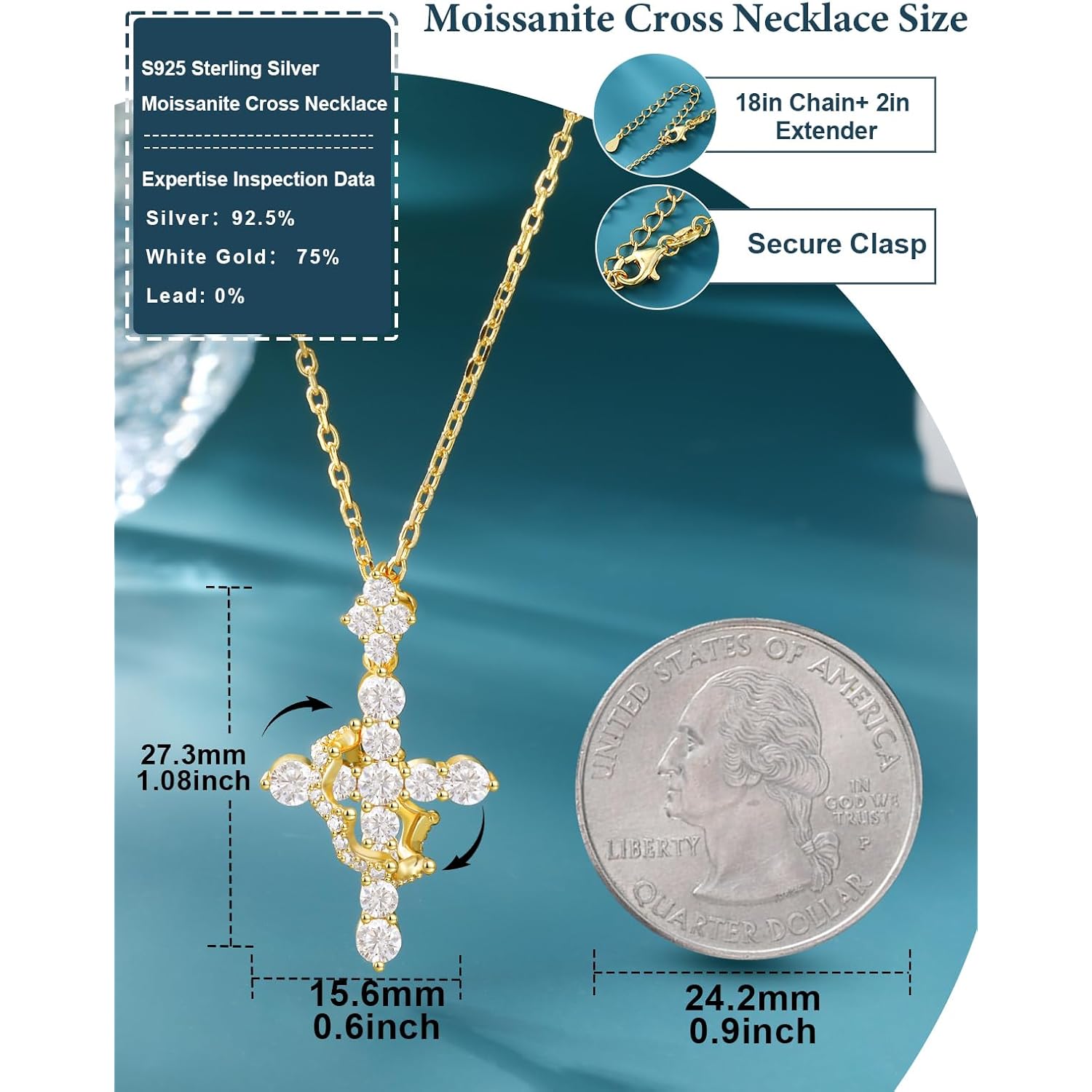 YIMERAIRE Upgraded Moissanite Crown Cross Necklace 14K Gold Vermeil 1.1 Carats Dainty Iced Out Easter Basket Stuffer Cross Jewelry S925 Sterling Silver Simple Gold Christian Faith Moissanite Cross Pendant Necklace For Women