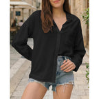 Womens Button Down Shirts Long Sleeve Linen Casual Collared Blouses Loose Fit