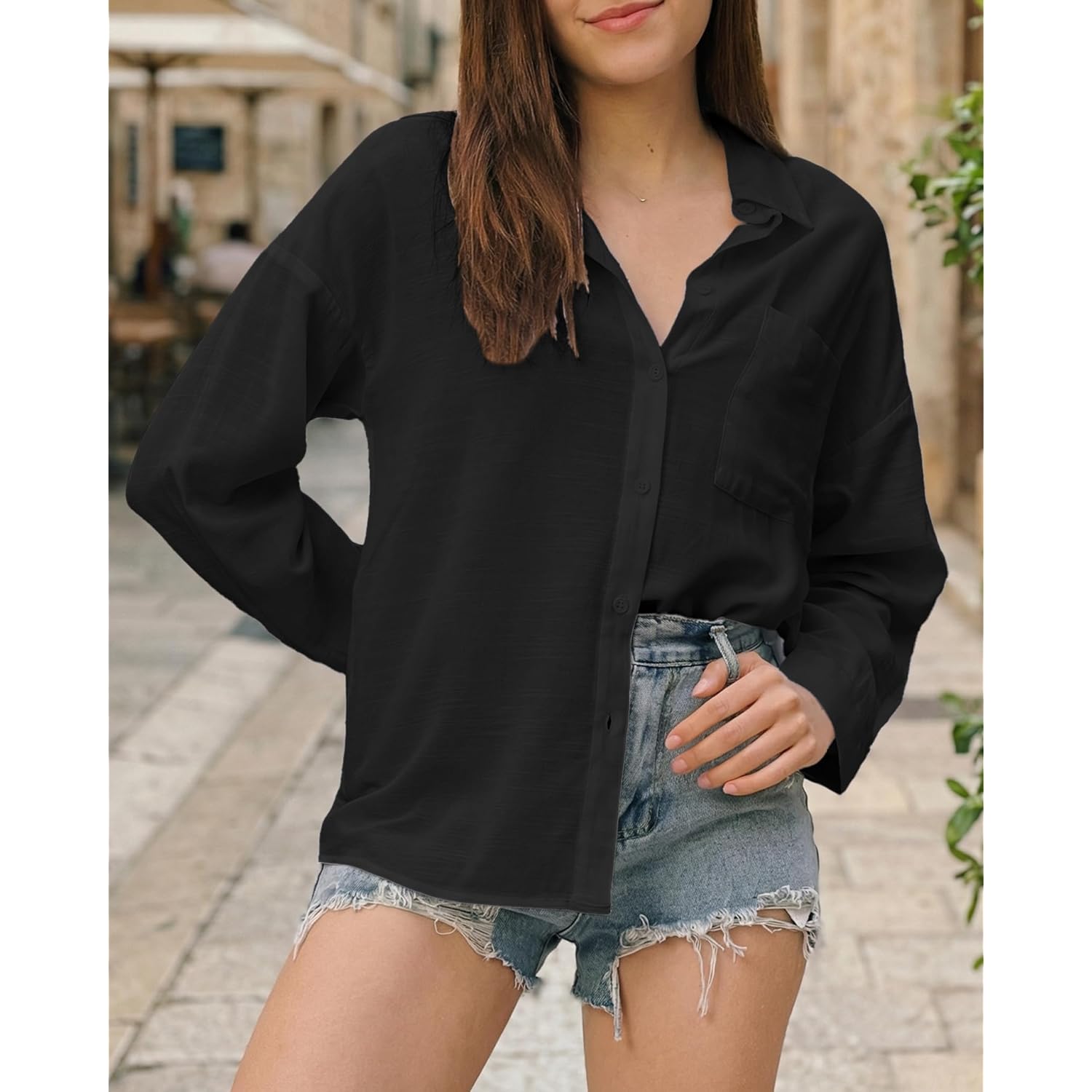 Womens Button Down Shirts Long Sleeve Linen Casual Collared Blouses Loose Fit