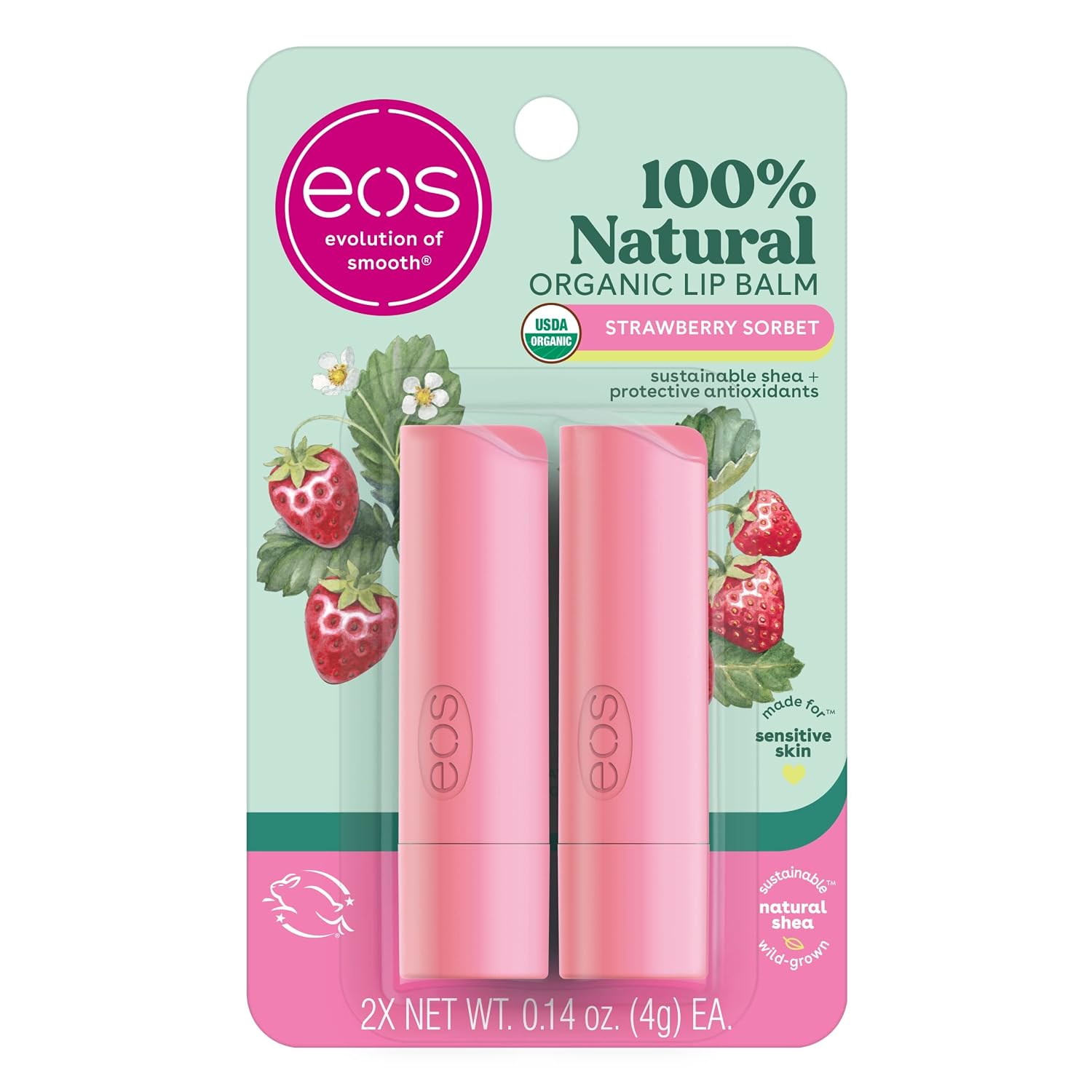 Eos 100% Natural & Organic Lip Balm Sticks - Strawberry Sorbet, All-Day Moisture For Sensitive Skin, Dermatologist Recommended, 0.14 Oz, 2-Pack