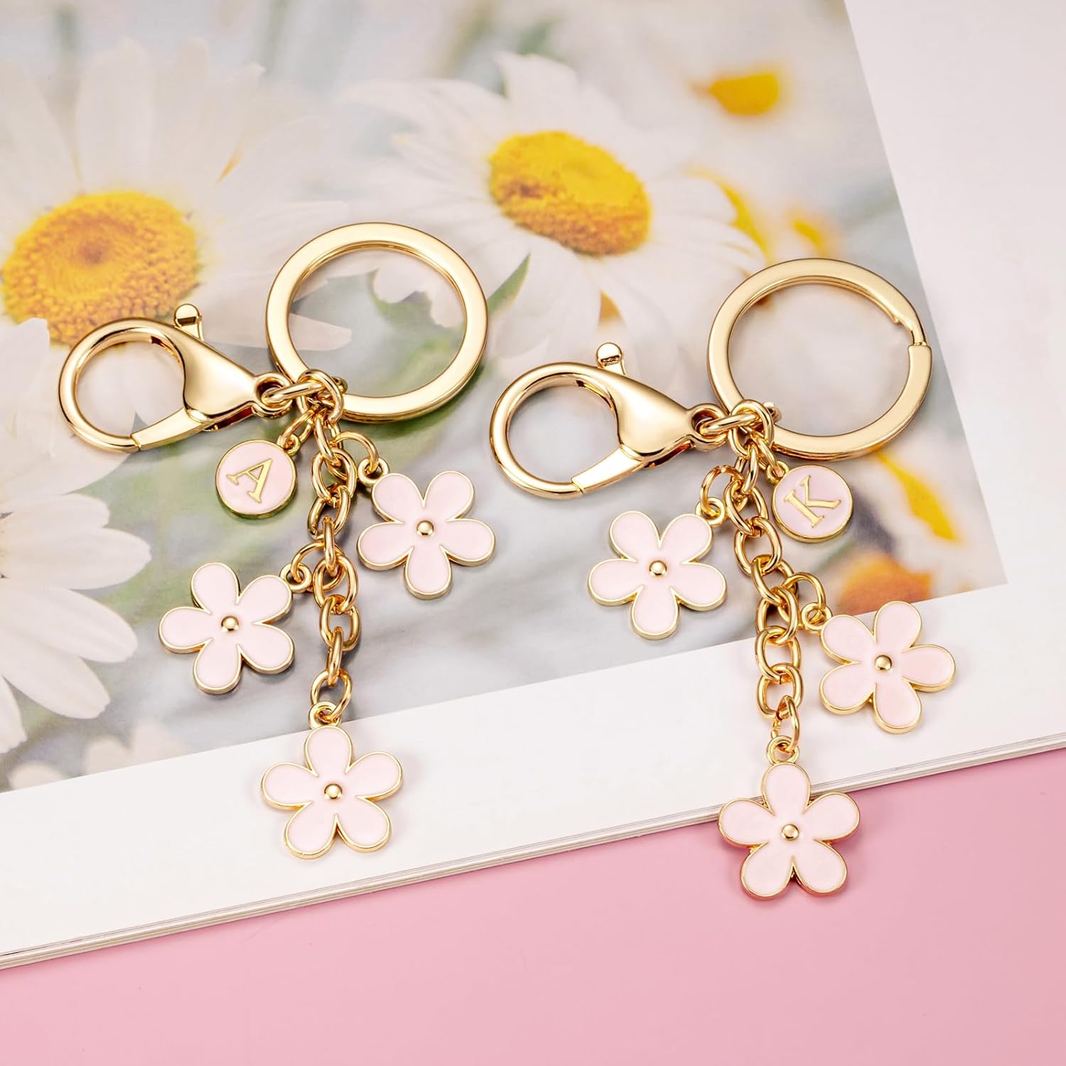 SELOVO Initial Keychain White/Pink/Black Cute Keychain Girl Purse Charms for Handbag Cute Letter Flower Keyring for Backpack