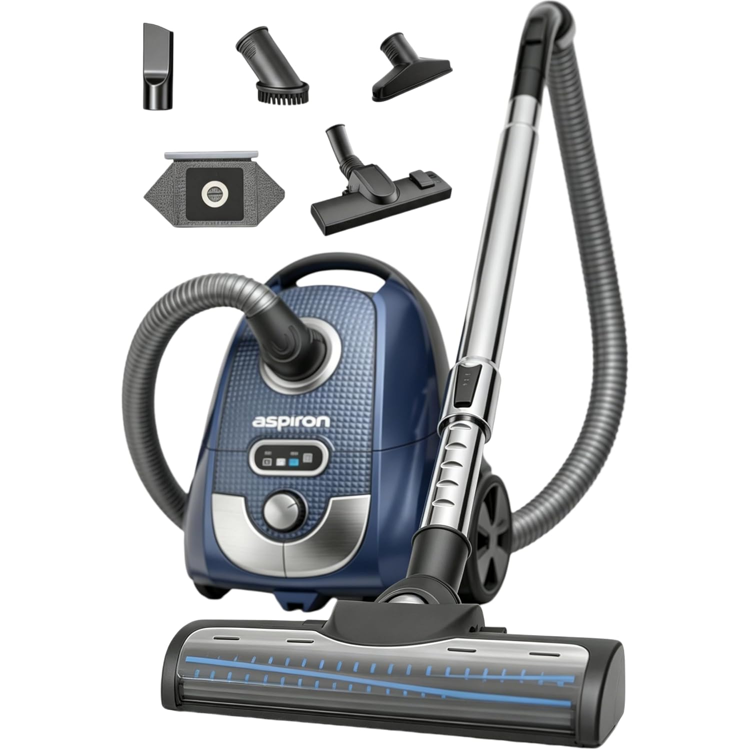 Aspiron Canister Vacuum, 1600W/40Kpa Canister Bagged Vacuum,4Qt Dust Bag, H13 Hepa Filter, 5 Tools, Pet-Friendly,Variable Power Control,For Carpets, Hardwood Floors, Stairs, Pet Hair, Household,Car