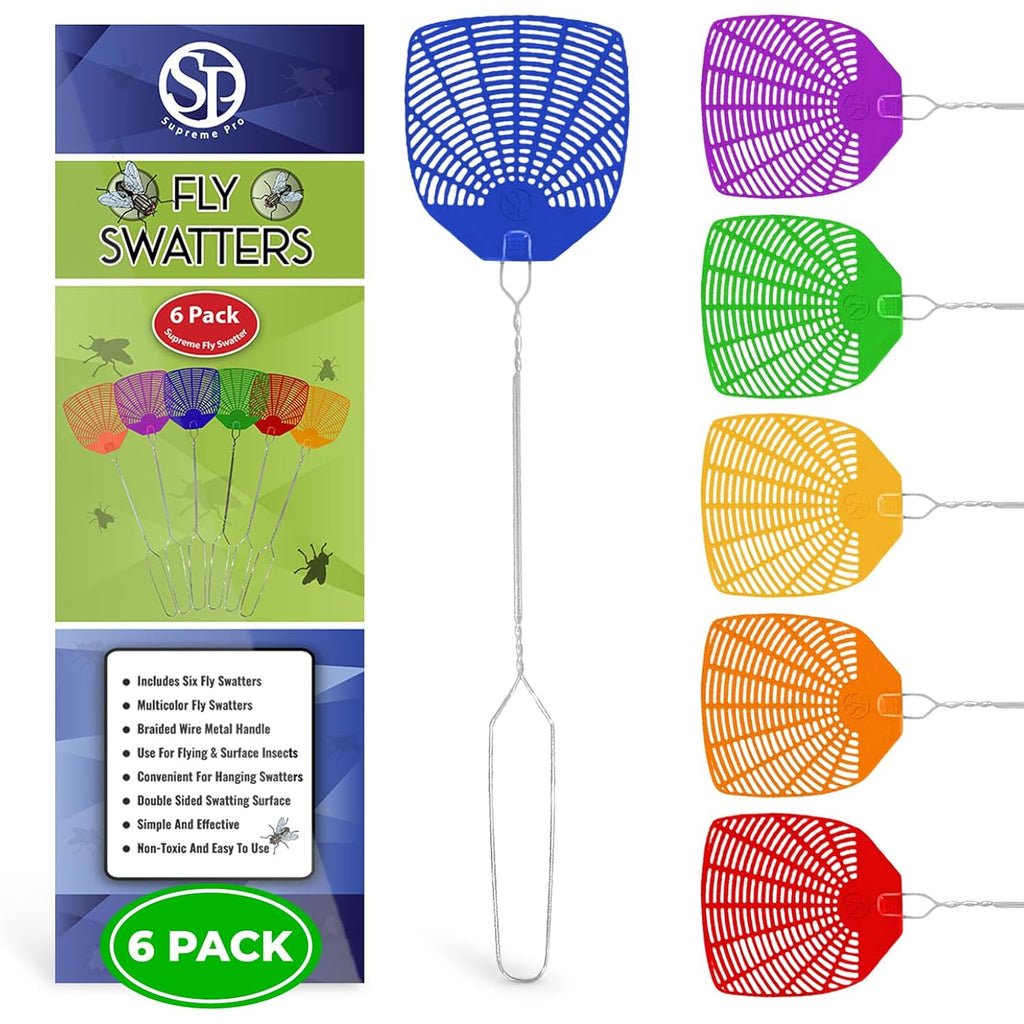 Supreme Bug & Fly Swatter 6-Pack – Braided Metal Handle 6 Pack Fly Swatters, Multi Pack Colors, – For Indoor/Outdoor – Flyswatter