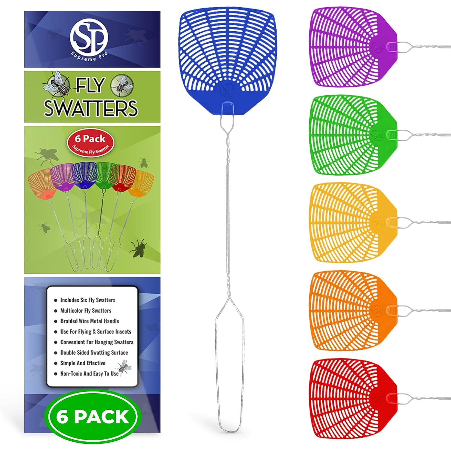 Supreme Bug & Fly Swatter 6-Pack – Braided Metal Handle 6 Pack Fly Swatters, Multi Pack Colors, – For Indoor/Outdoor – Flyswatter