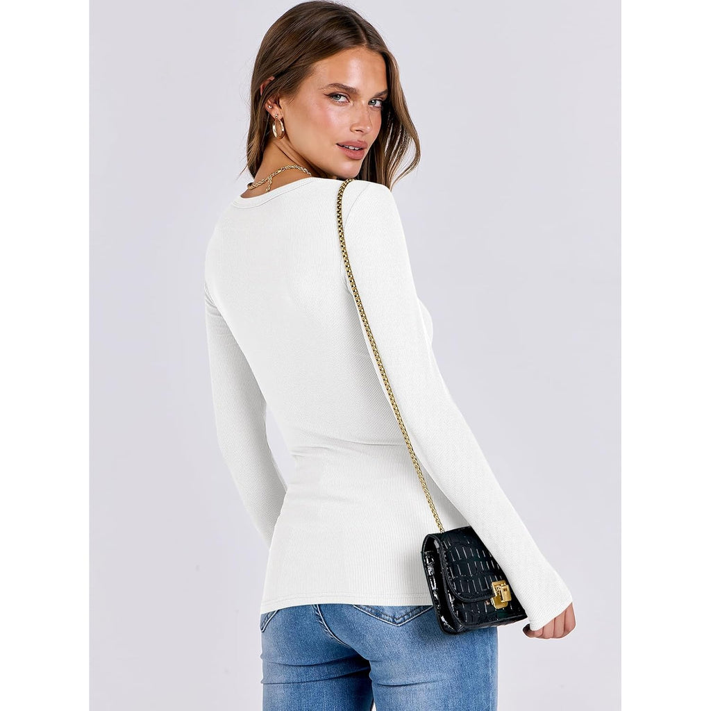Women Long Sleeve Shirts Rib Knit Slim Fit Tops Basic Tee Spring Outfits Casual T-Shirt Underscrubs Layer Clothes