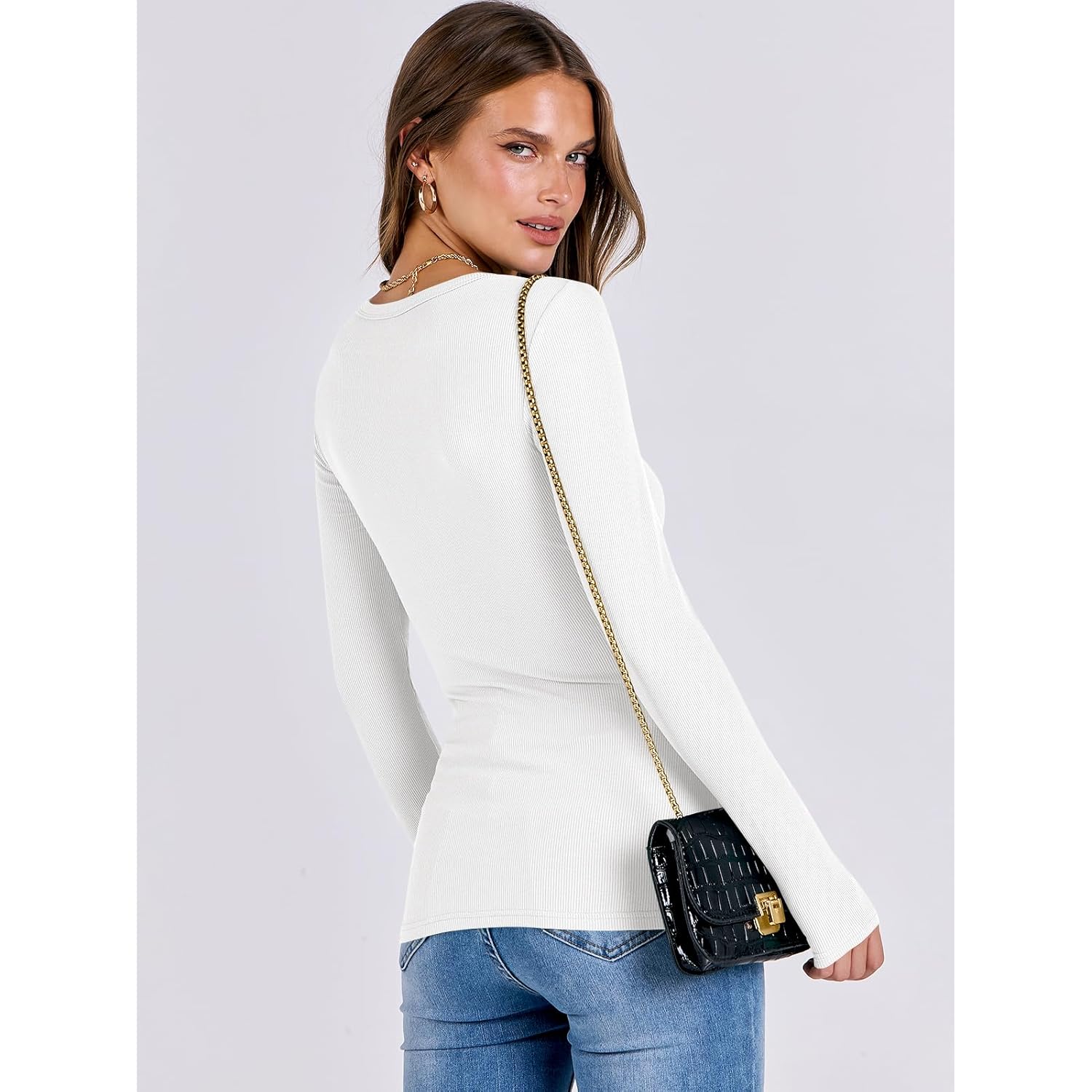 Women Long Sleeve Shirts Rib Knit Slim Fit Tops Basic Tee Spring Outfits Casual T-Shirt Underscrubs Layer Clothes
