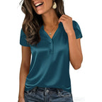 Women Satin Blouse for Women Business Work Tops Casual Cap Sleeve V Neck Button Down Shirts