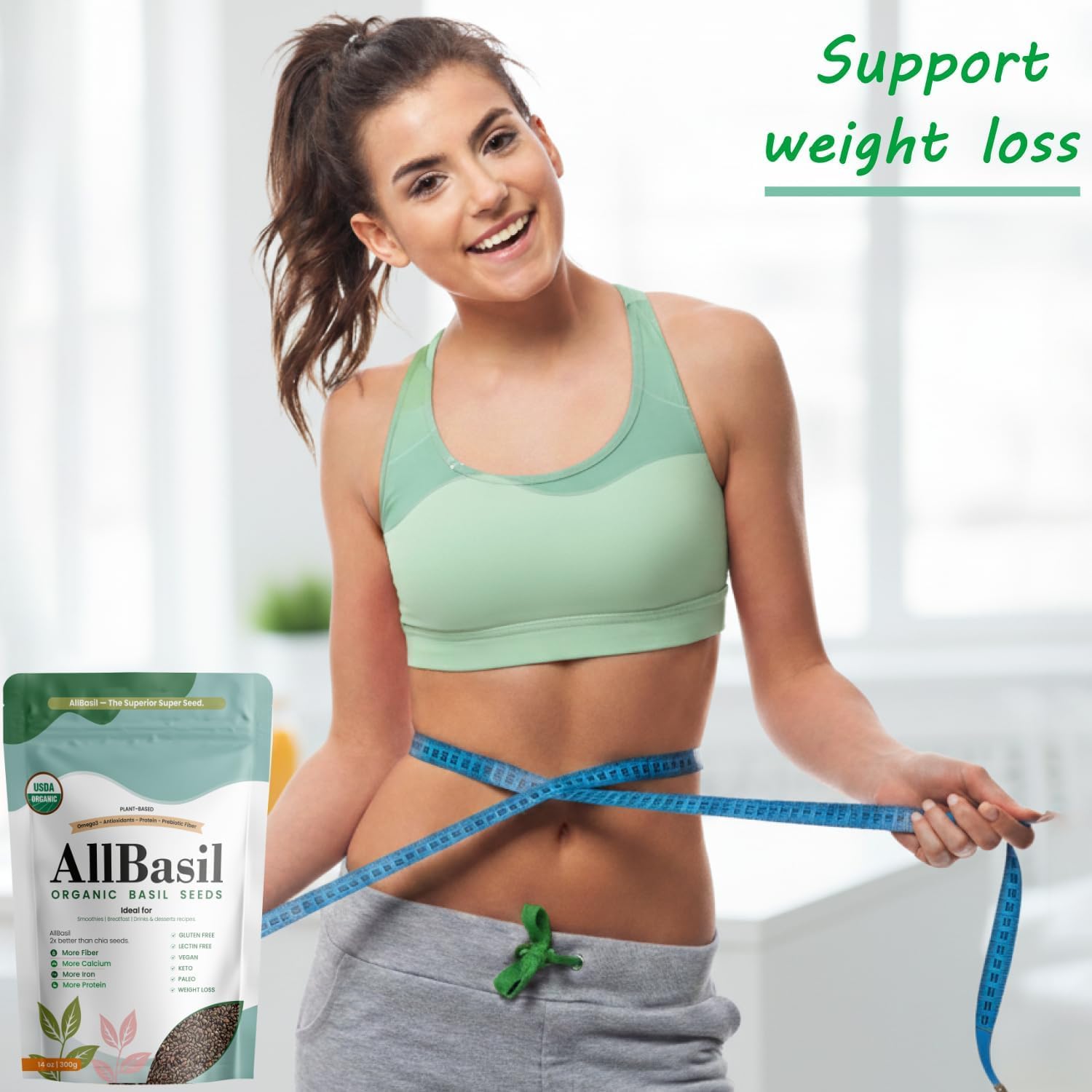 Edible All Basil Seeds 14Oz | Usda Organic, Non-Gmo, Kosher | High Fiber Superfood | Gluten Free, Vegan, Keto, Paleo | Prebiotic | Support Weigth Loss | Ideal For Smoothies, Green Juices & Desserts.