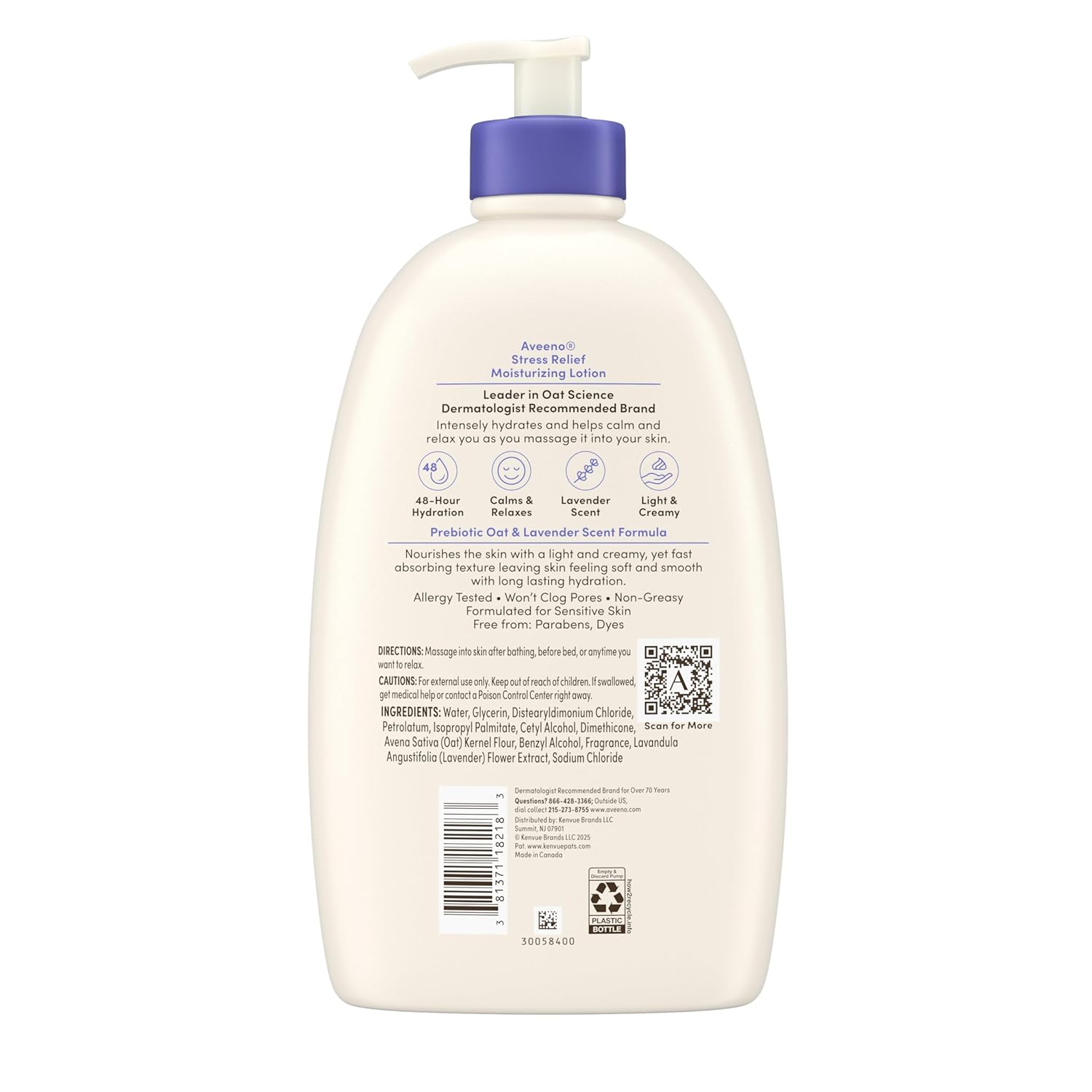 Aveeno Stress Relief Moisturizing Body Lotion with Prebiotic Oat & Lavender Scent for Sensitive Skin, Calms & Relaxes with 48 Hour Hydration, Fast Absorbing & Non-Greasy, 33 fl. oz